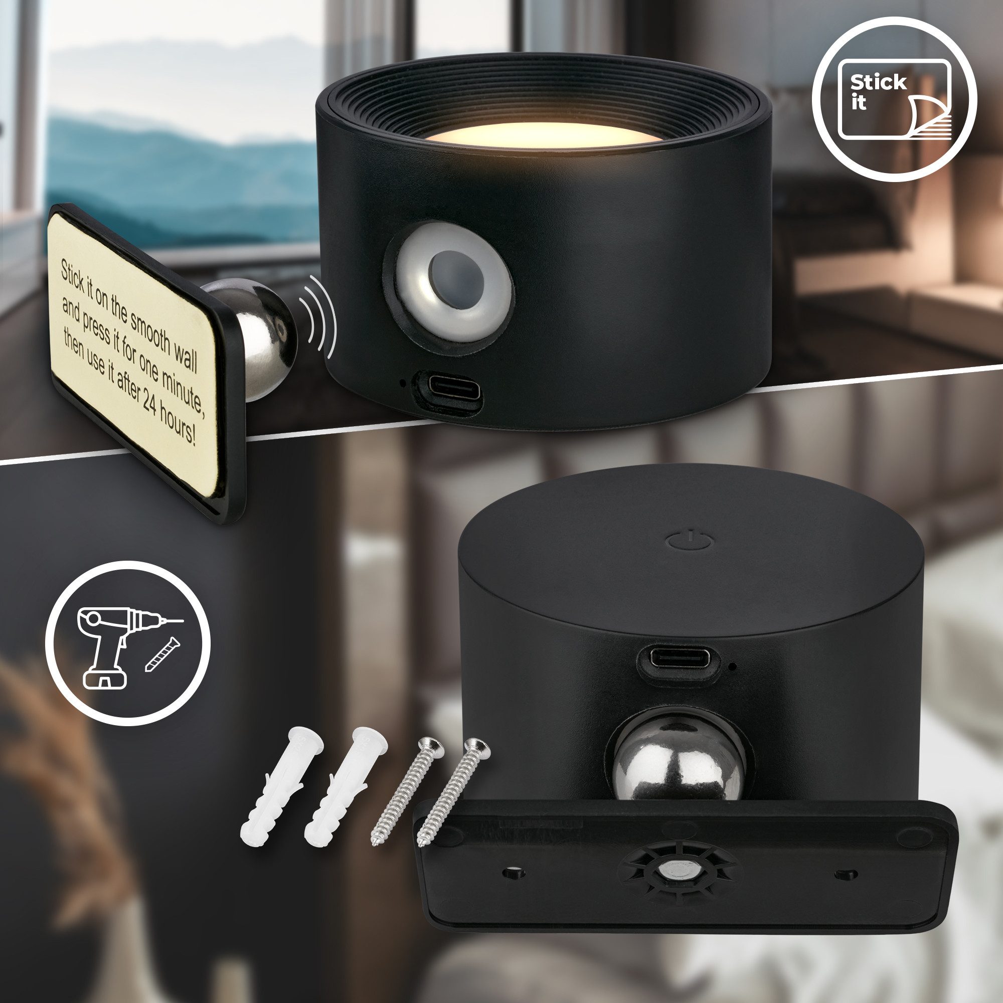 B.K.Licht Led-wandlamp BKL1597 Magnetische accu wandlamp, 3-niveau dimmer, met USB-C