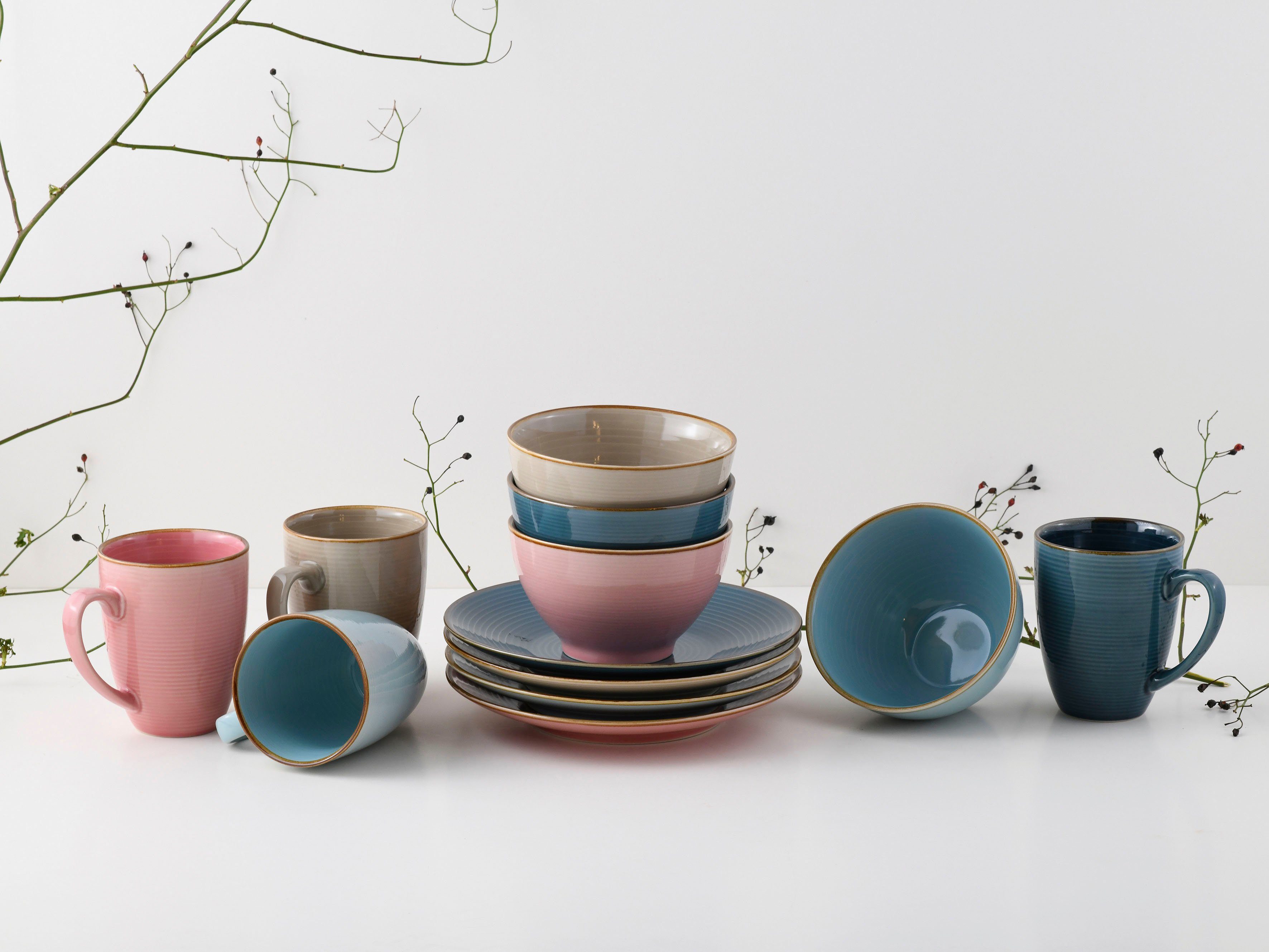 CreaTable Ontbijtserviesset Service, Cosy Morning (bord, schaal, koffie beker) Cirkelstructuur, in pastelkleuren, 12 delen, voor 4 personen (set, 12-delig)
