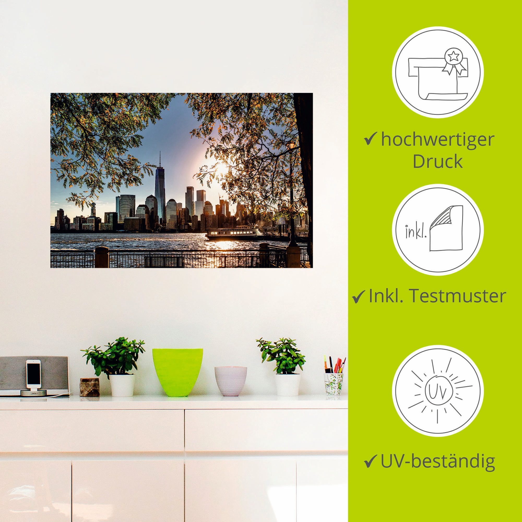 Artland Artprint Zonsopkomst boven New York als artprint van aluminium, artprint voor buiten, artprint op linnen, poster, muursticker