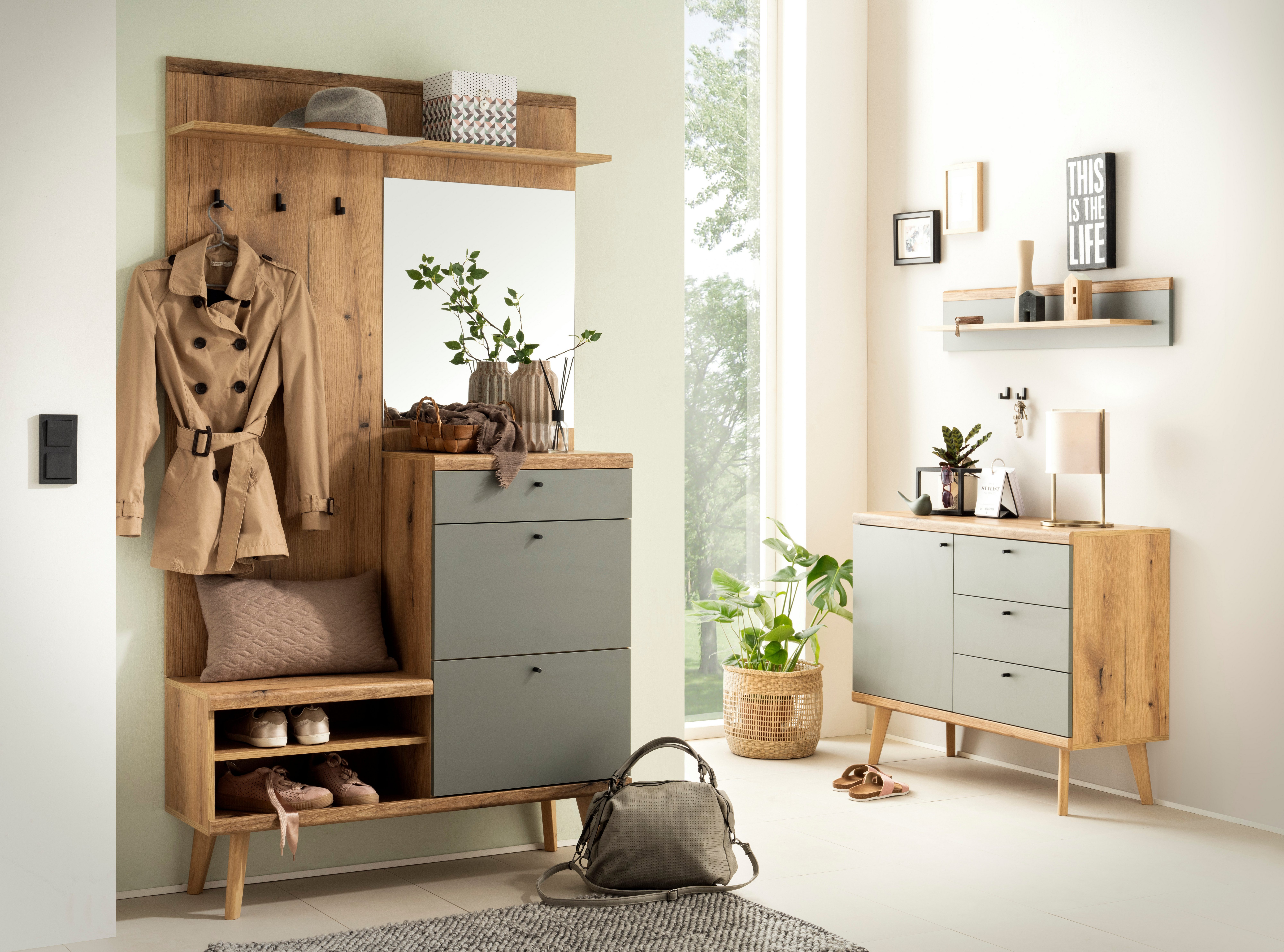 INOSIGN Compact kapstokmeubel Mavas, Garderobe, Garderobekast, ScandicDesign, Evoke Eik/Salie voldoende opbergruimte, geschikt voor kleine ruimtes, 110 cm breed