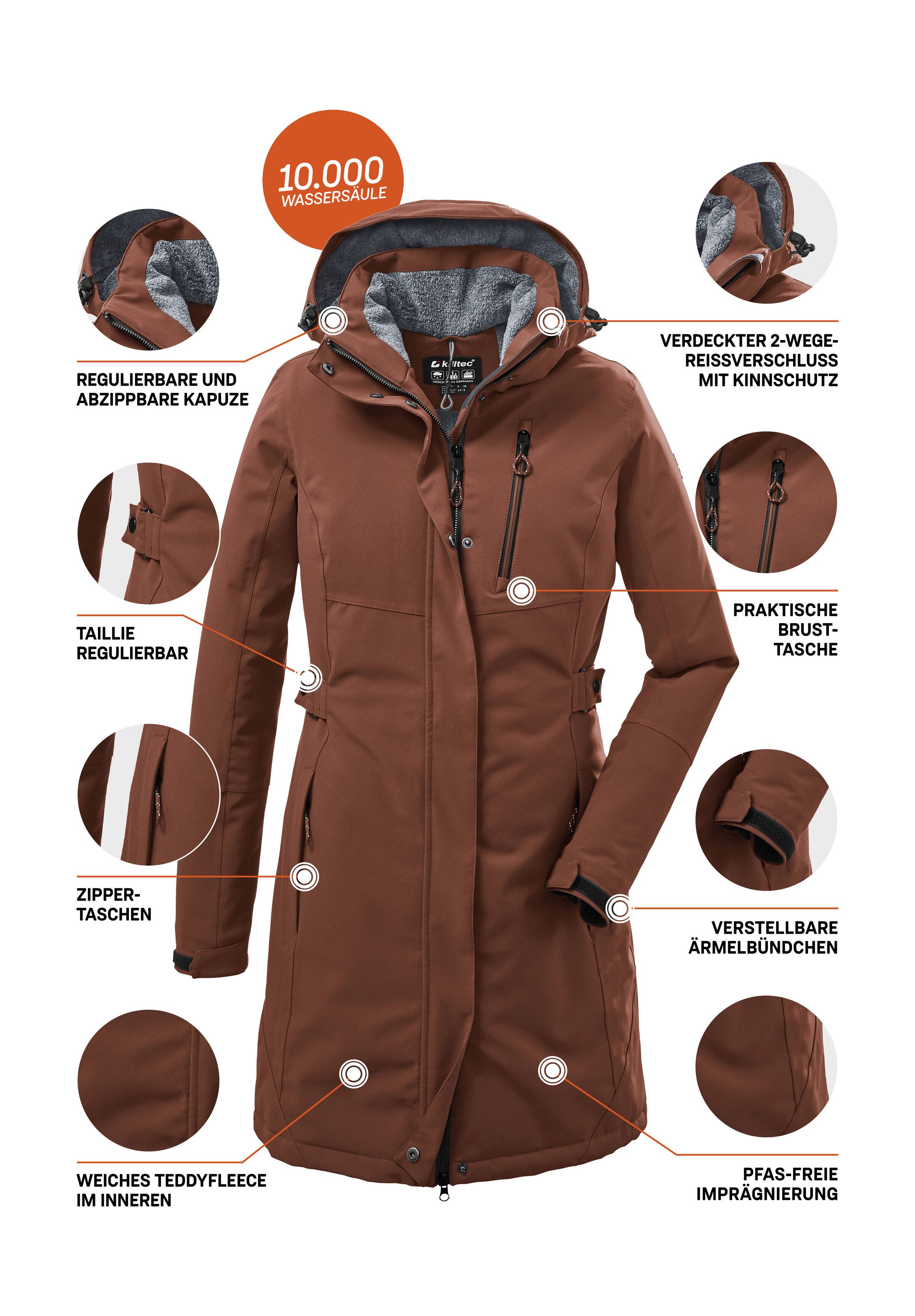 Killtec Parka KOW 165 WMN PRK Water- en winddichte parka met teddyfleece en afneembare capuchon
