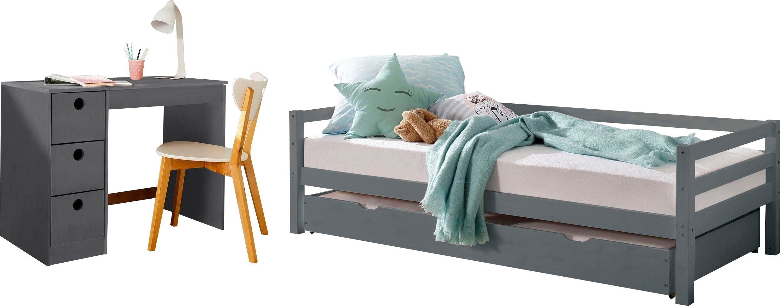 Lüttenhütt Tienerkamerset Alpi Daybed met 2e ligoppervlak en bureau met opbergruimte, ruimtebesparend (voordeelset, 2-delig) complete kinderkamers