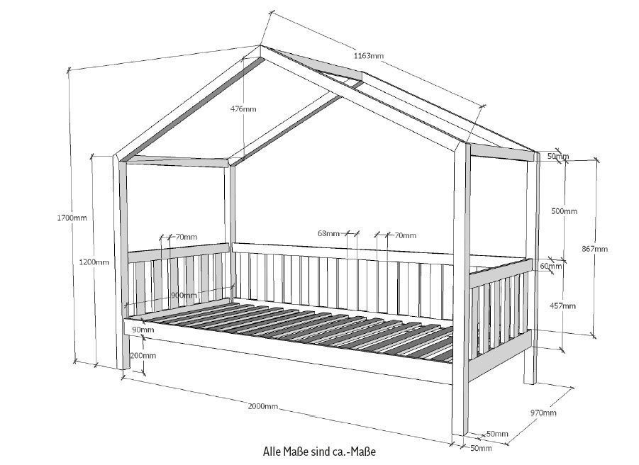 Vipack Huisbed Dallas, met dakconstructie, massief dennenhout, stevig gebouwd