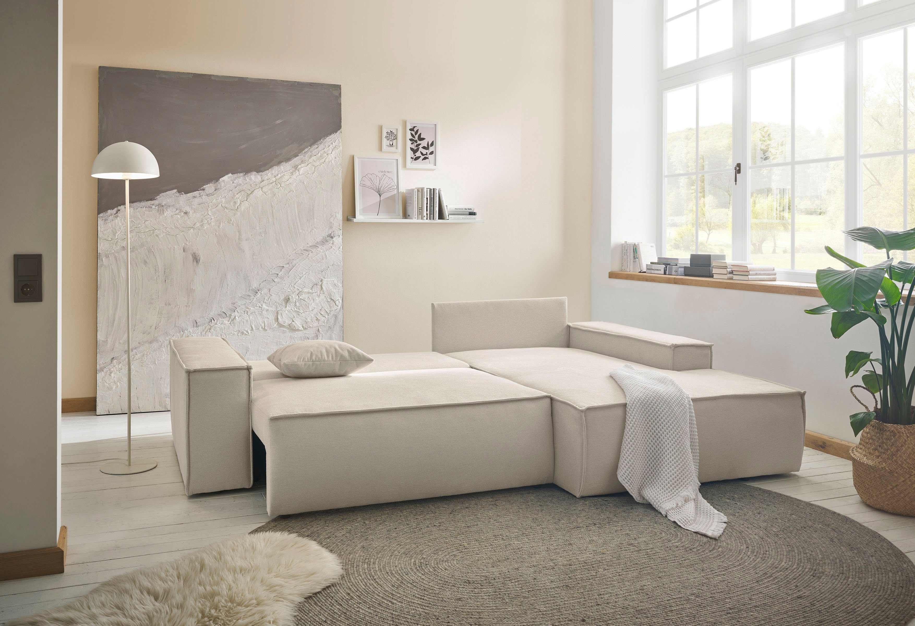 andas Hoekbank Finnley slaapbank 267 cm in Bouclé, fijne structuur en cord, L-vorm