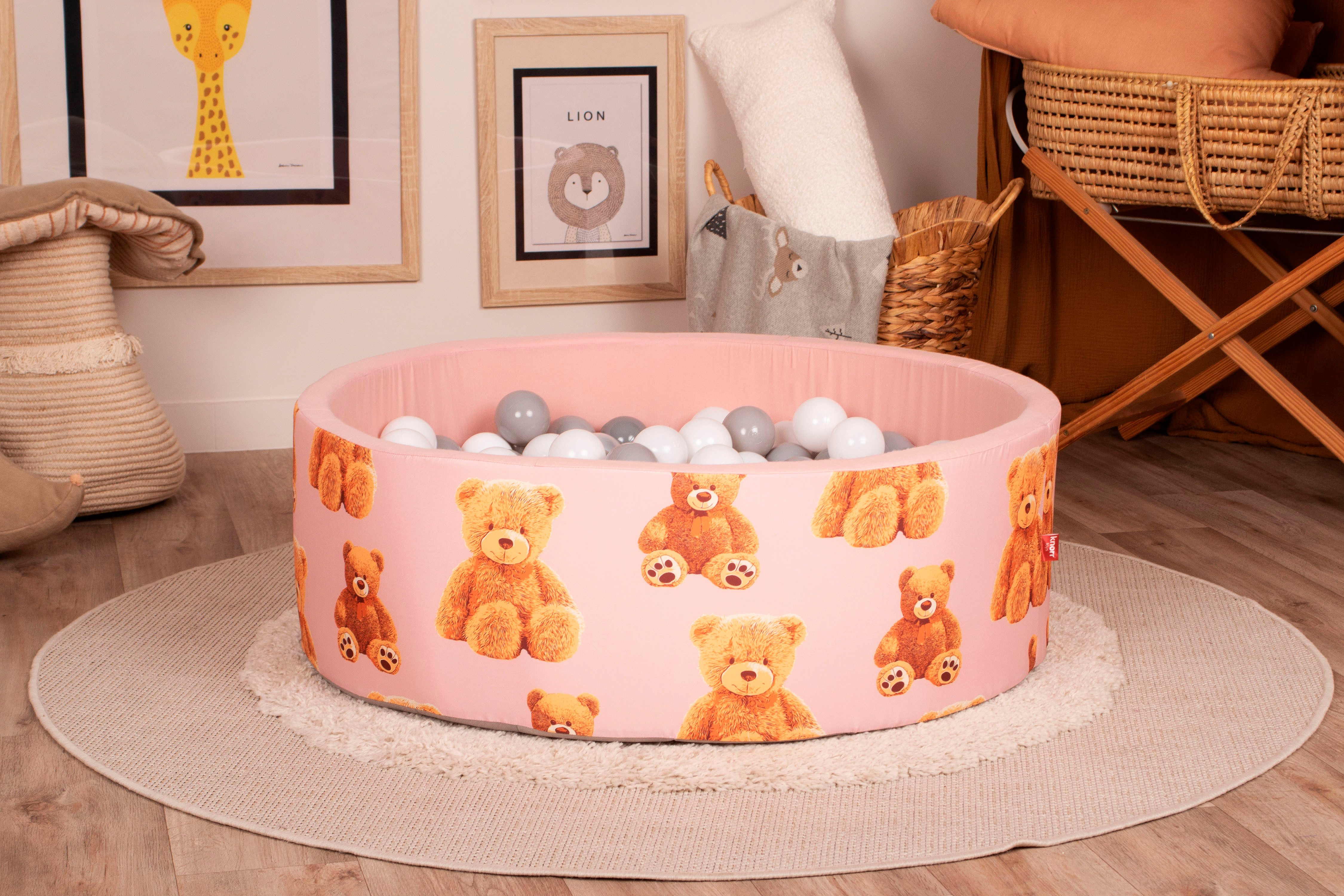 Knorrtoys® Ballenbak Soft, teddy pink met 150 ballen grijs/wit/transparant, gemaakt in europa