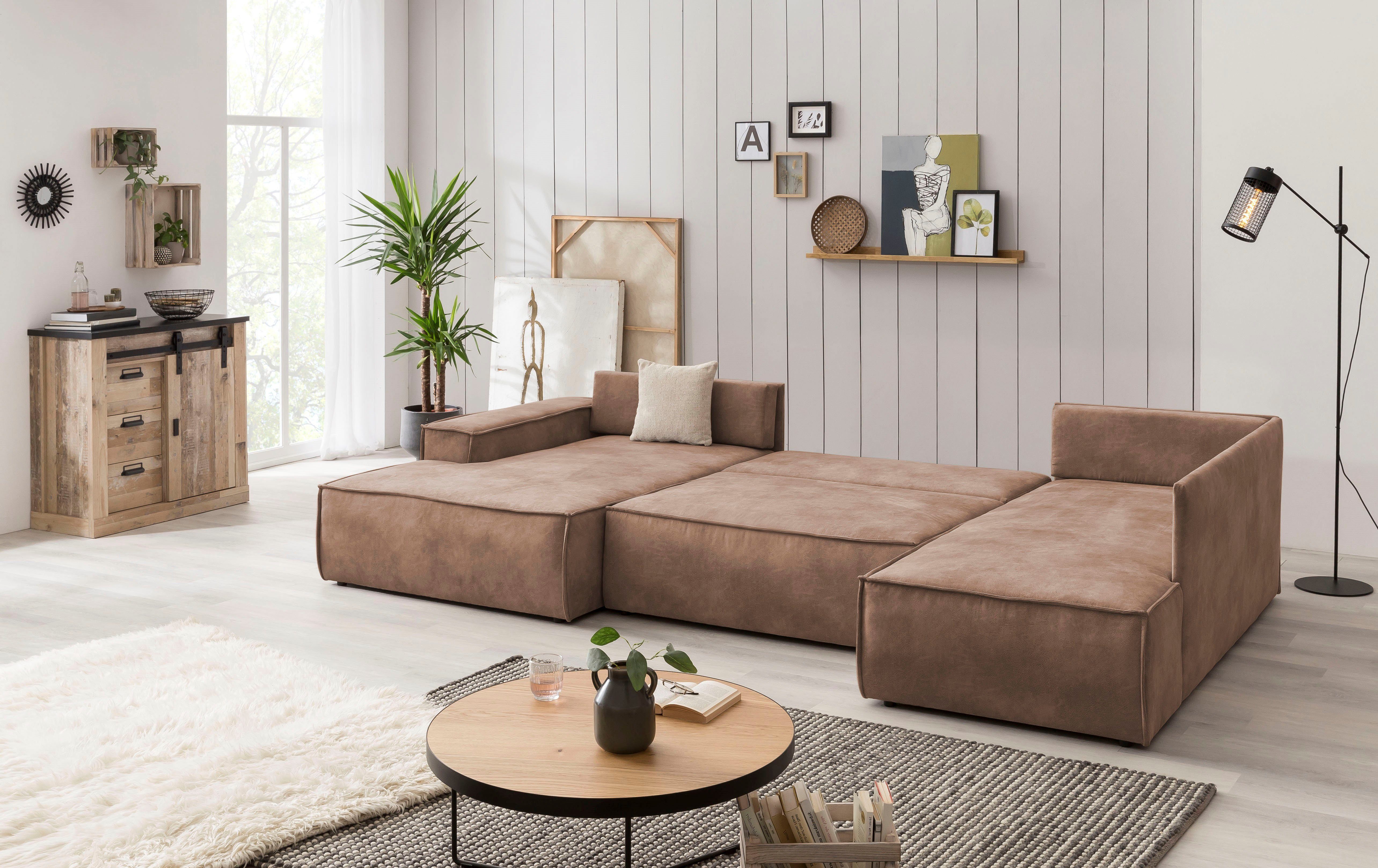 Home affaire Zithoek SHERWOOD 329 cm, U-vorm, slaapbank, Slaapfunctie met bedkist (194x139 cm), cord, vintage, fluweel