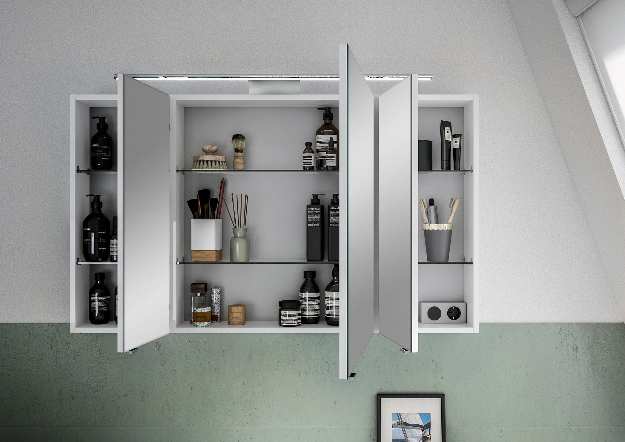 Saphir Badkamerserie 6005 sprint keramiek-wastafelonderkast met led-spiegelkast, 122 cm breed Wastafelmeubel inclusief deurdemper, 3 deuren, 2 laden, wastafelonderkast set (2-delig)