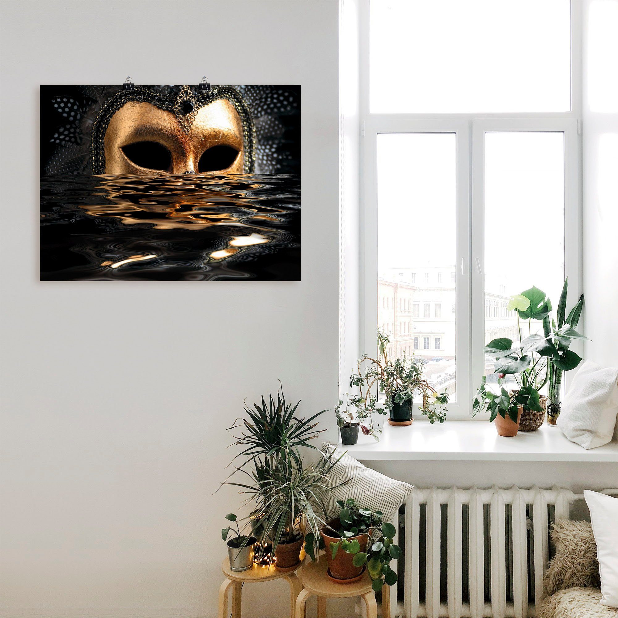 Artland Artprint Venetiaans masker met bladgoudkleur als artprint van aluminium, artprint voor buiten, artprint op linnen, poster, muursticker