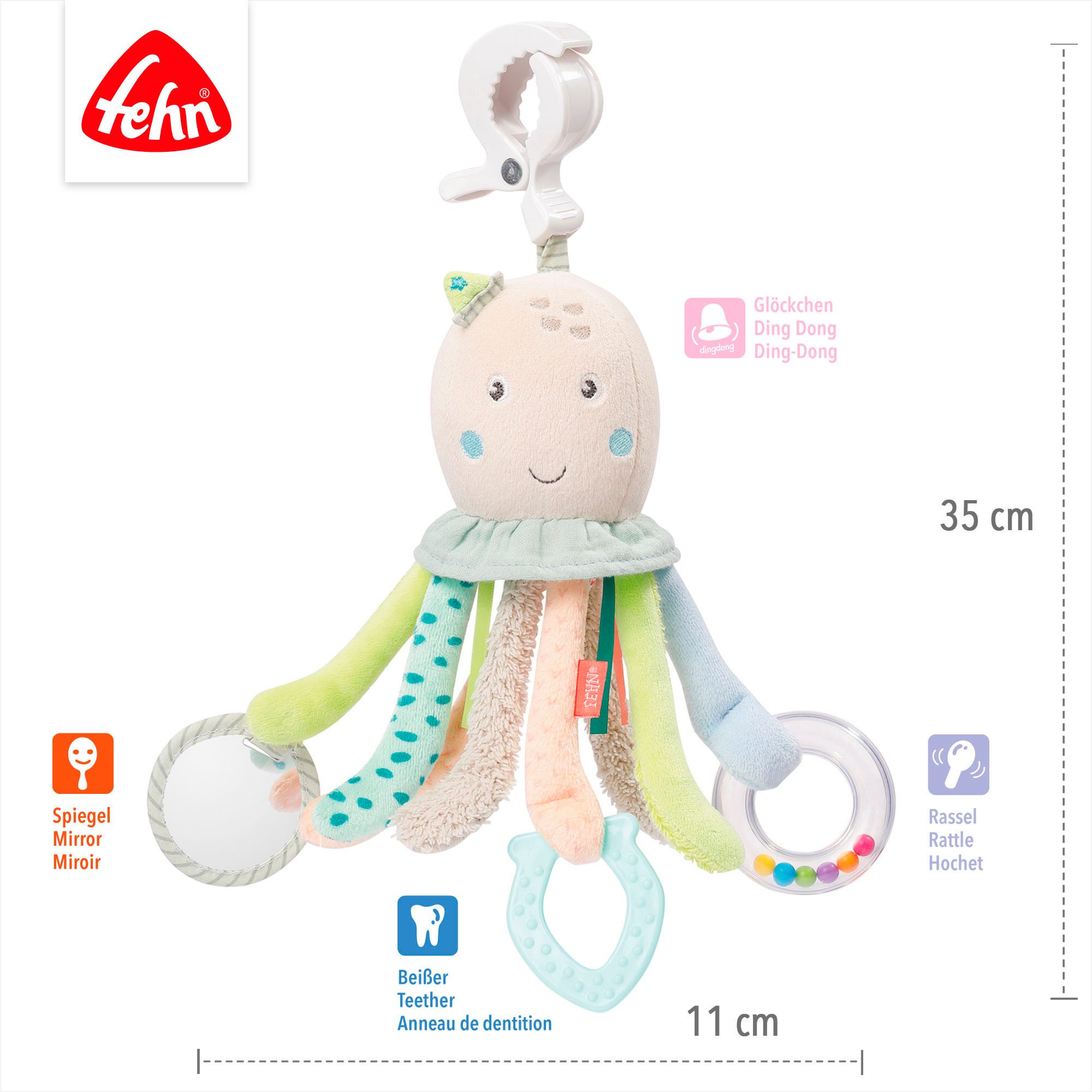 Fehn Grijpspeeltje Zeekinderen, activiteit-octopus ter bevestiging aan kinderwagen, babyzitje of bed