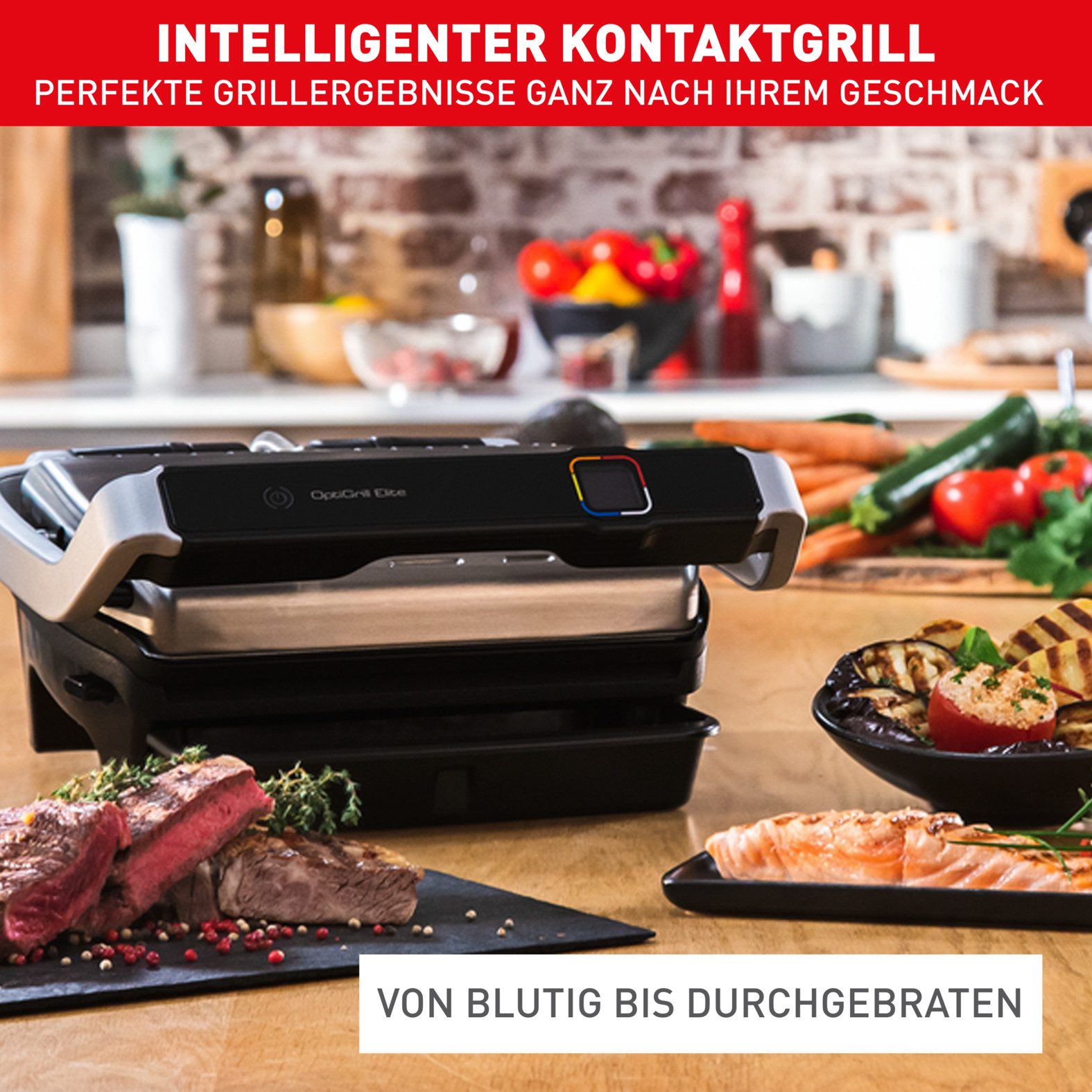 Tefal Contactgrill GC750D OptiGrill Elite 12 programma’s, intuïtieve sensor, grillboost-functie, receptenboek app