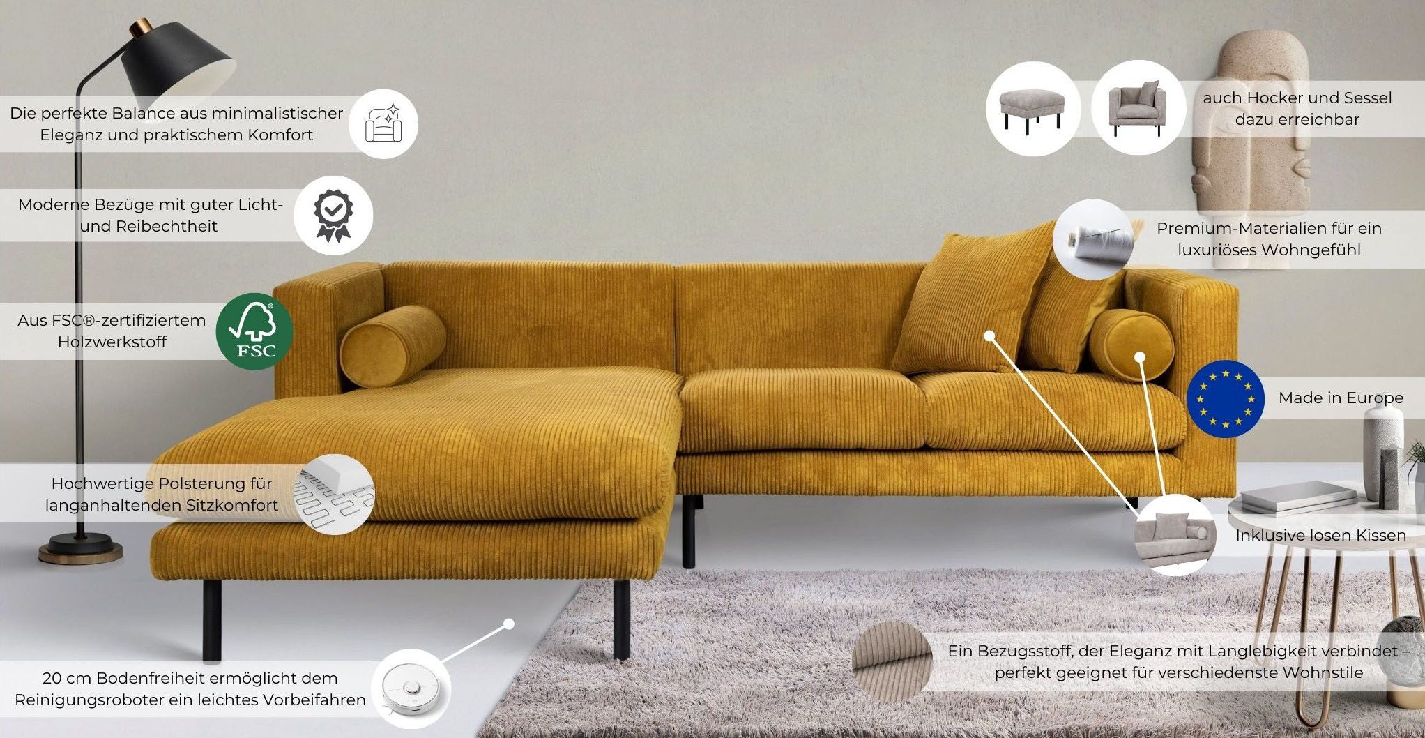 Guido Maria Kretschmer Home&Living Hoekbank Lillibeth L-vorm designbank, afmetingen B/D/H: 240/173/83 cm Sierkussen als tweezijdig te gebruiken kussen, in fluwelige look of cord