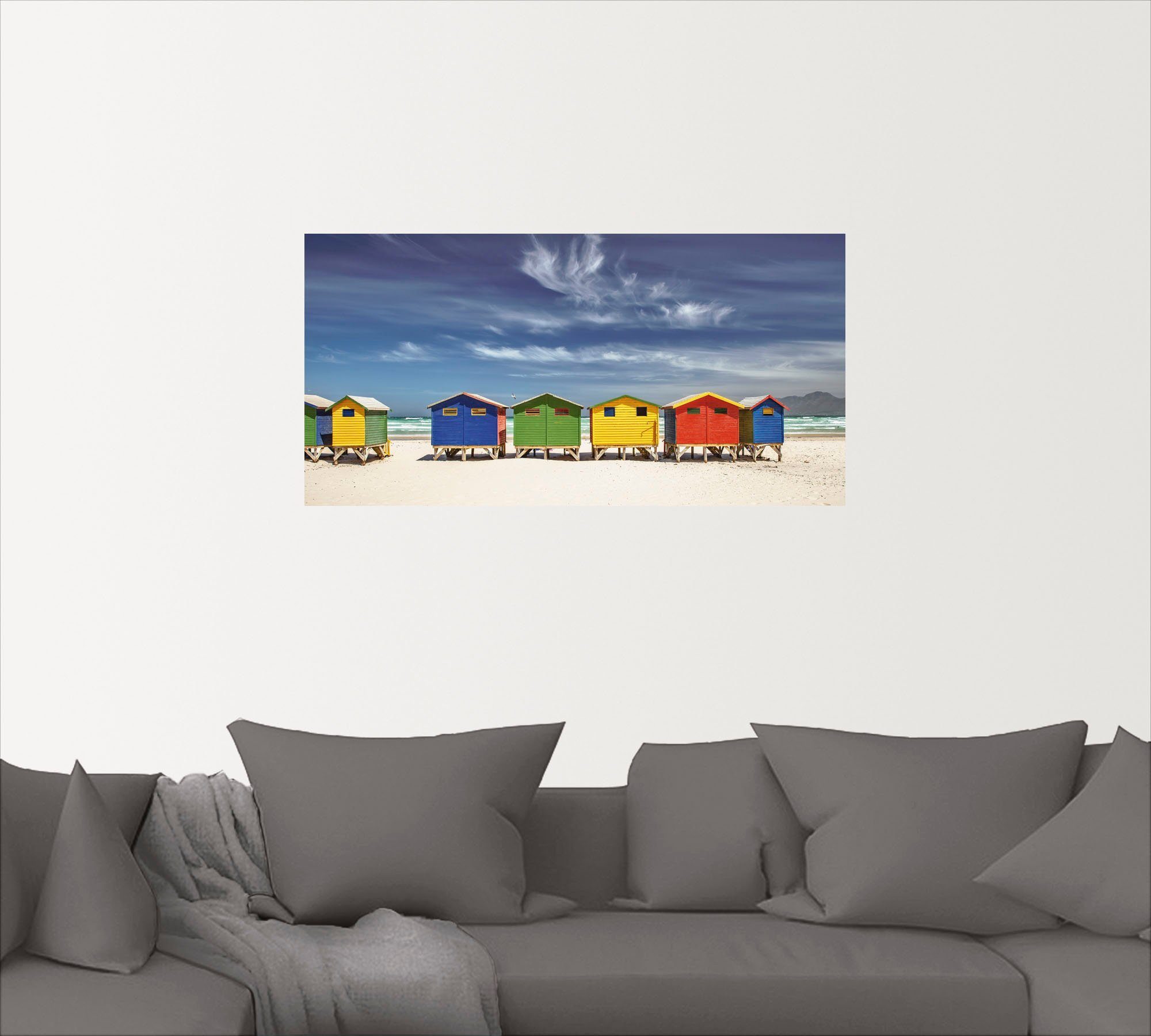 Artland Artprint Veelkleurige strandhuisjes bij Kaapstad als artprint van aluminium, artprint voor buiten, artprint op linnen, poster, muursticker