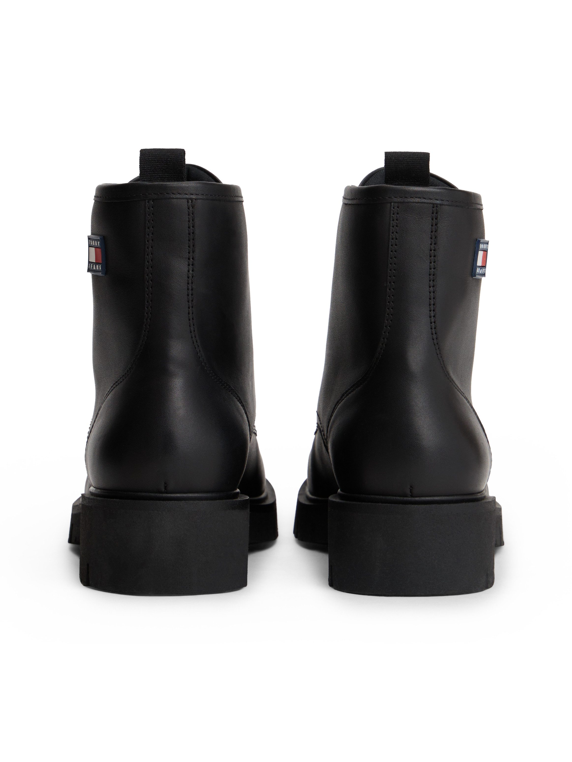 TOMMY JEANS Veterschoenen TJW LACE UP LEATHER BOOT , blokhak, veterlaarsjes met logovlag op de zijkant