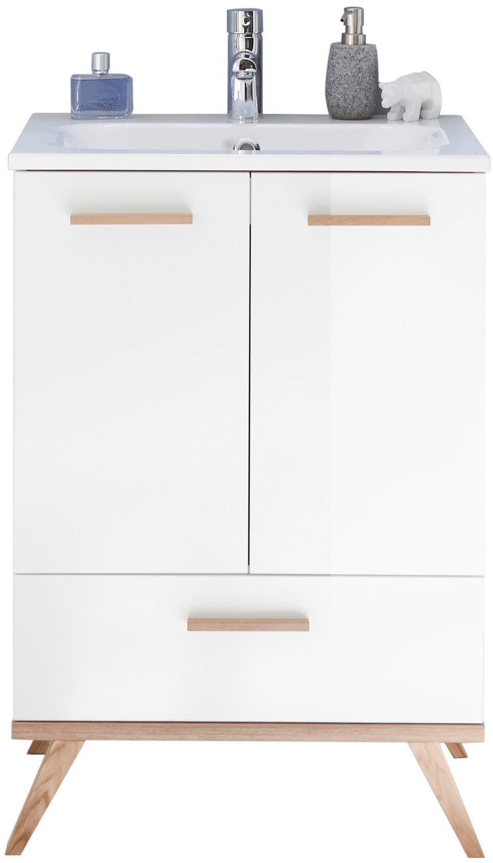 Saphir Badkamerserie Quickset 2-delig, mineraalmarmeren wastafel en LED-spiegel Wastafel 61 cm breed, 2 deuren, 1 lade, spiegelplank, bad-set (4-delig)