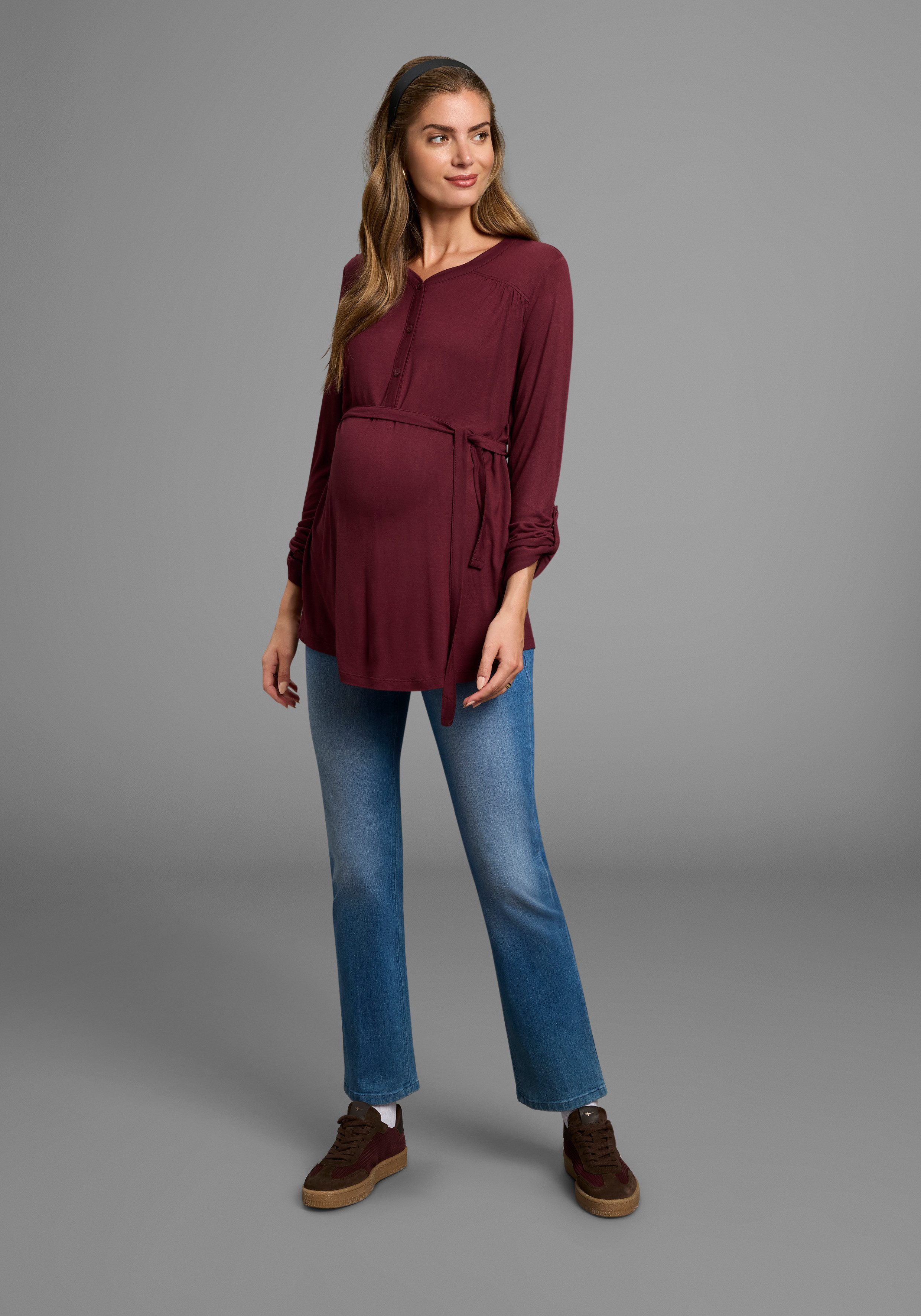 Neun Monate Zwangerschapsshirt Jersey-blouse met strikceintuur Viscose zwangerschapsblouse praktisch voor zwangerschap en daarna