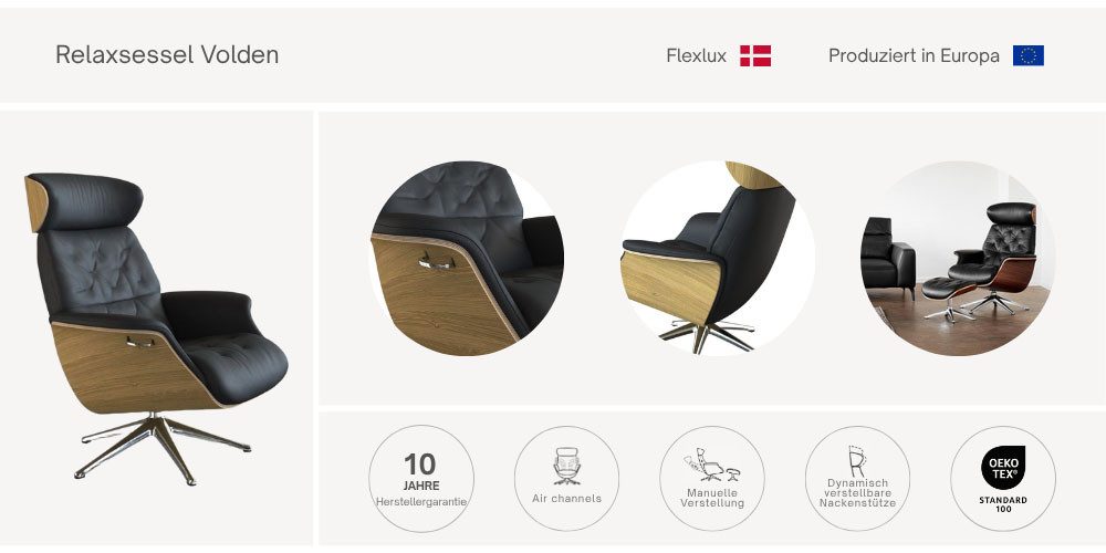 FLEXLUX Relaxfauteuil Volden TV-fauteuil, verstelbare rug- & hoofdsteun, draaibaar Rug- en hoofdeindeverstelling, draaibaar, voet zwart, armleuning walnoot
