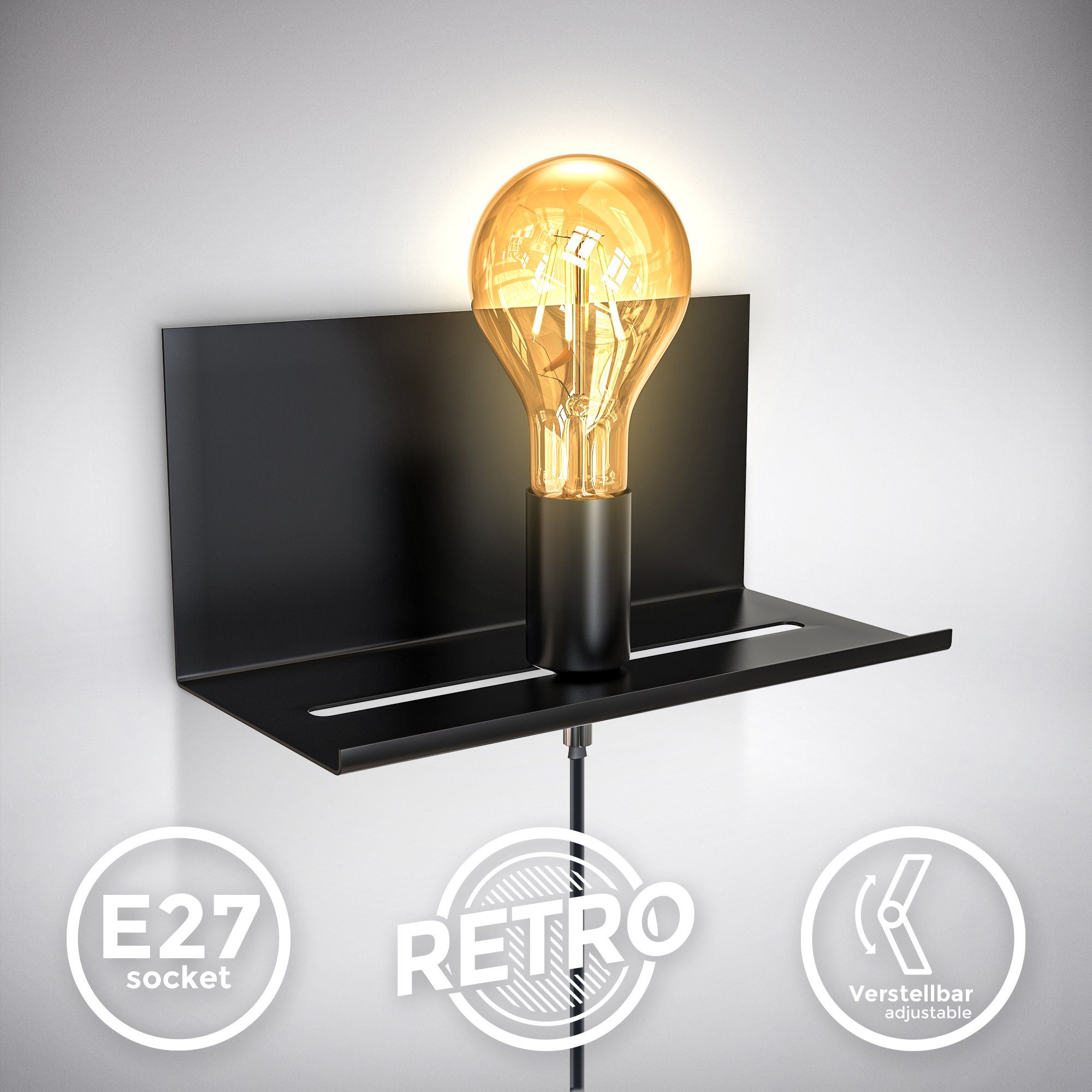 B.K.Licht Wandlamp verstelbare wandlamp met plank, kabelschakelaar, zwart, 1-vlamig