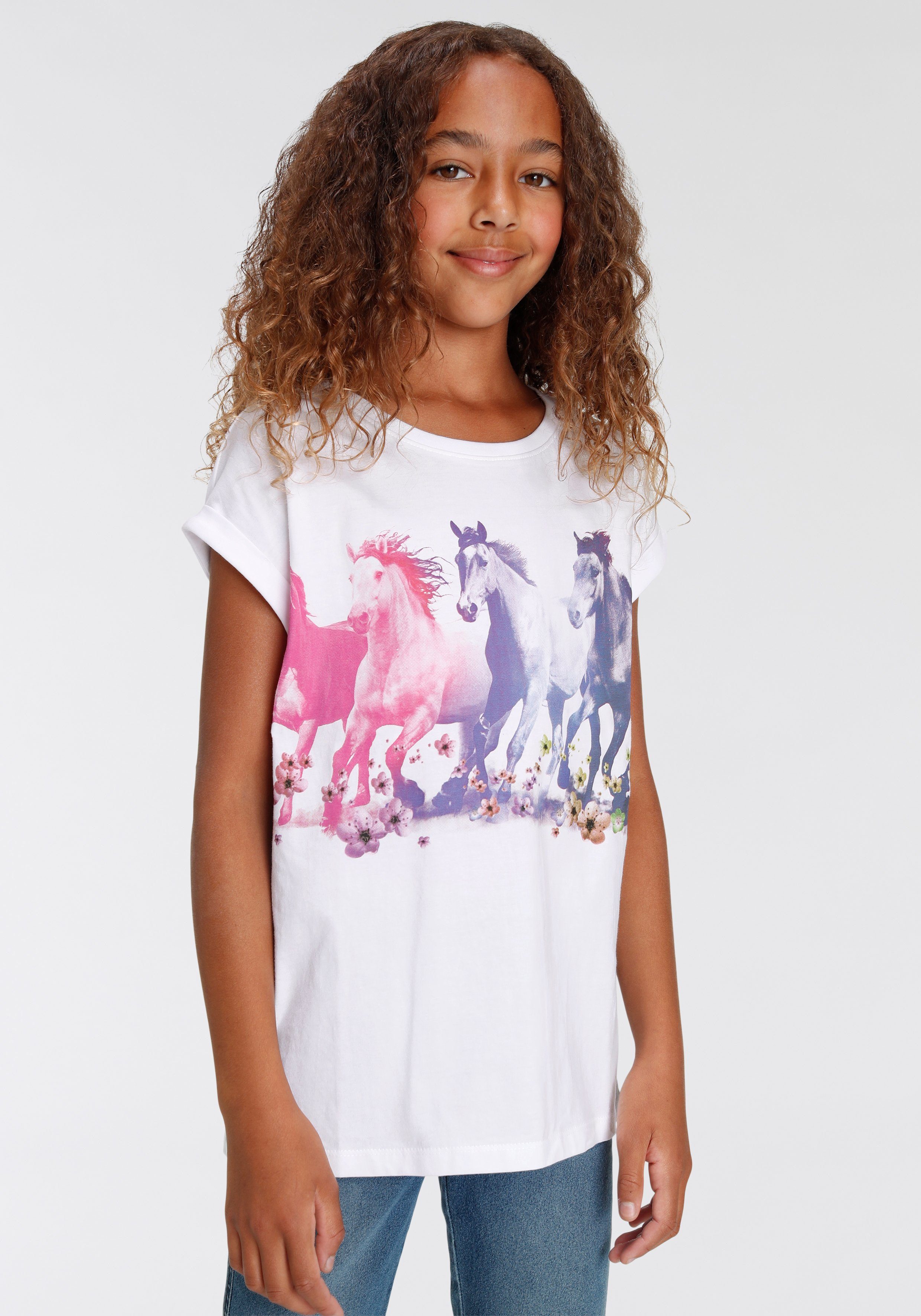 KIDSWORLD T-shirt Paarden Korte mouwen, bedrukt, ronde hals, van katoen meisjes t-shirts maat 164/170 wit