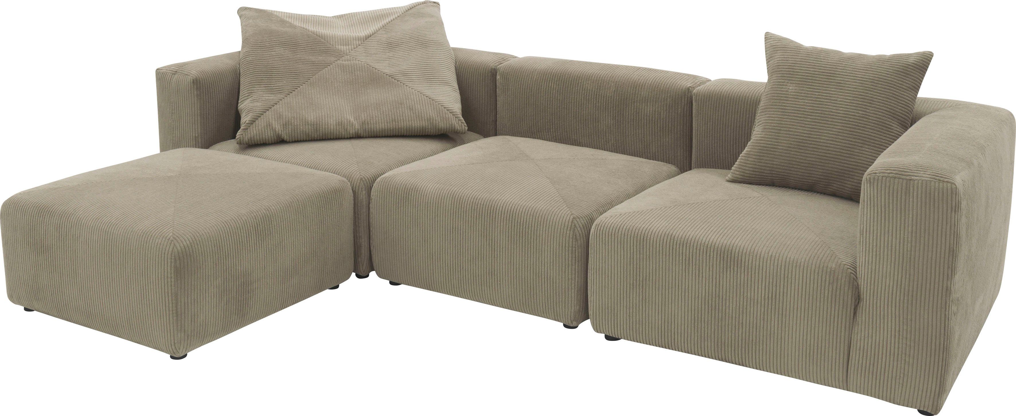 RAUM.ID Hoekbank Gerrid L-vorm Ribfluwelen bekleding, modulaire bank, bestaande uit hoek- en tussenelement + voetenbank/poef