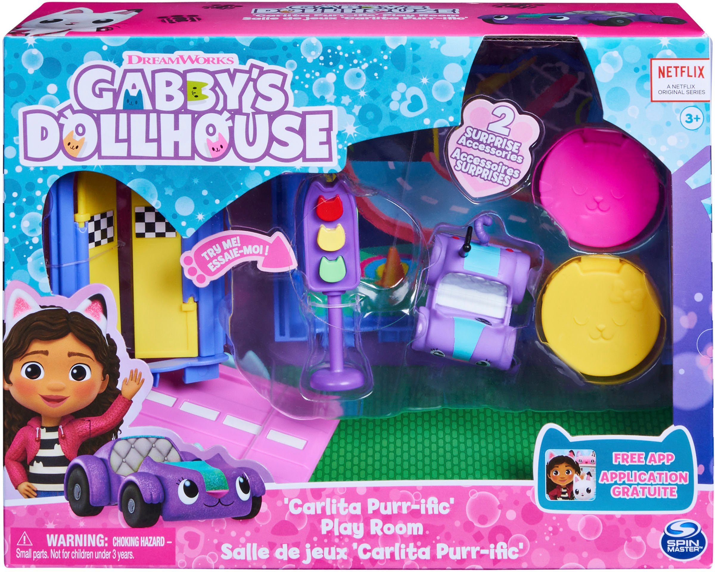 Spin Master Speelwereld Gabby's Dollhouse - Deluxe kamer - Carlita's speelkamer met Carlita auto, meubelstukken en thematische accessoires