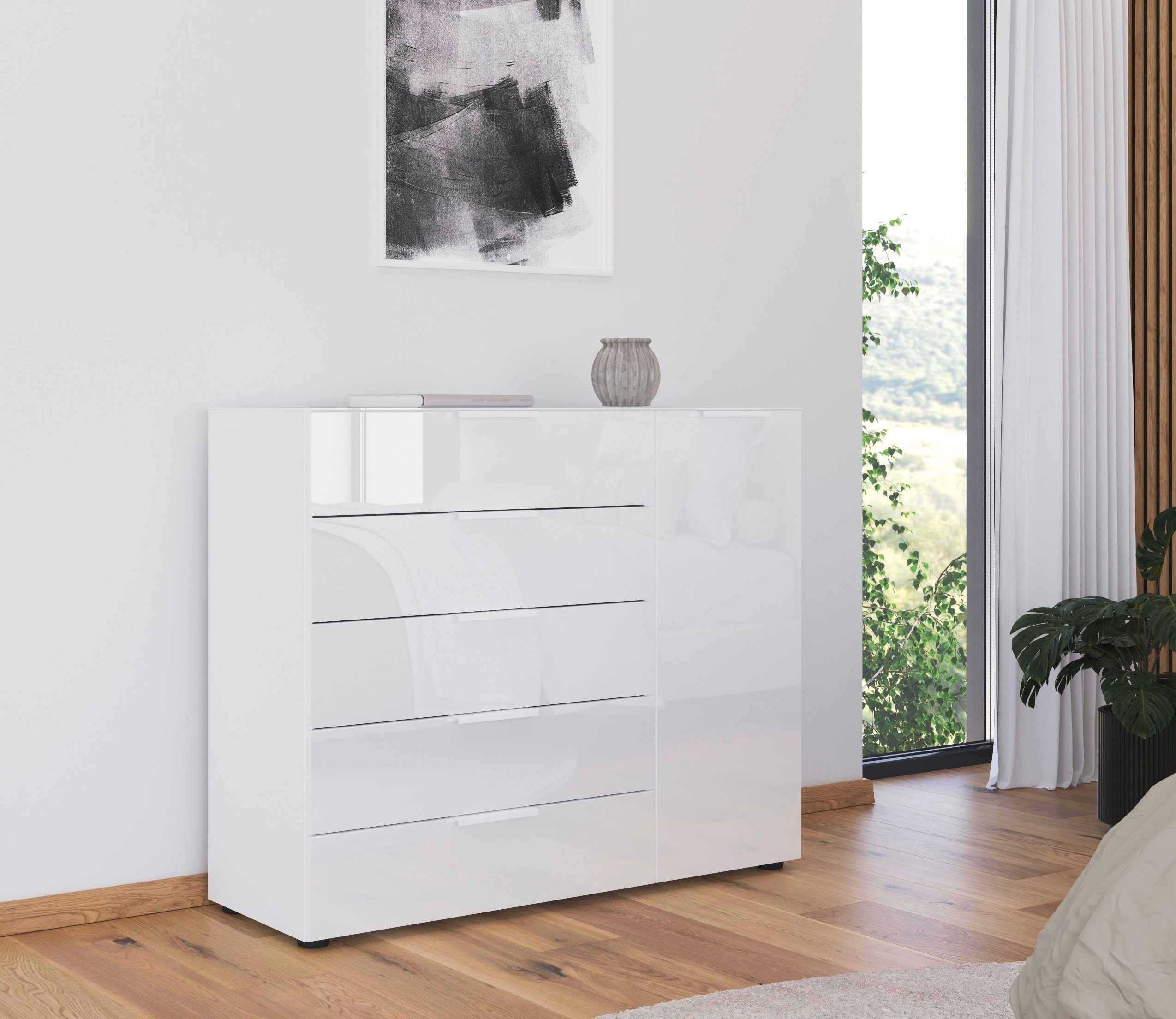 rauch Ladekast Commode deurkast sideboard combikast FLIPP met glasfront 1-deurs, 5 laden, soft-close functie, bovenblad en glazen front