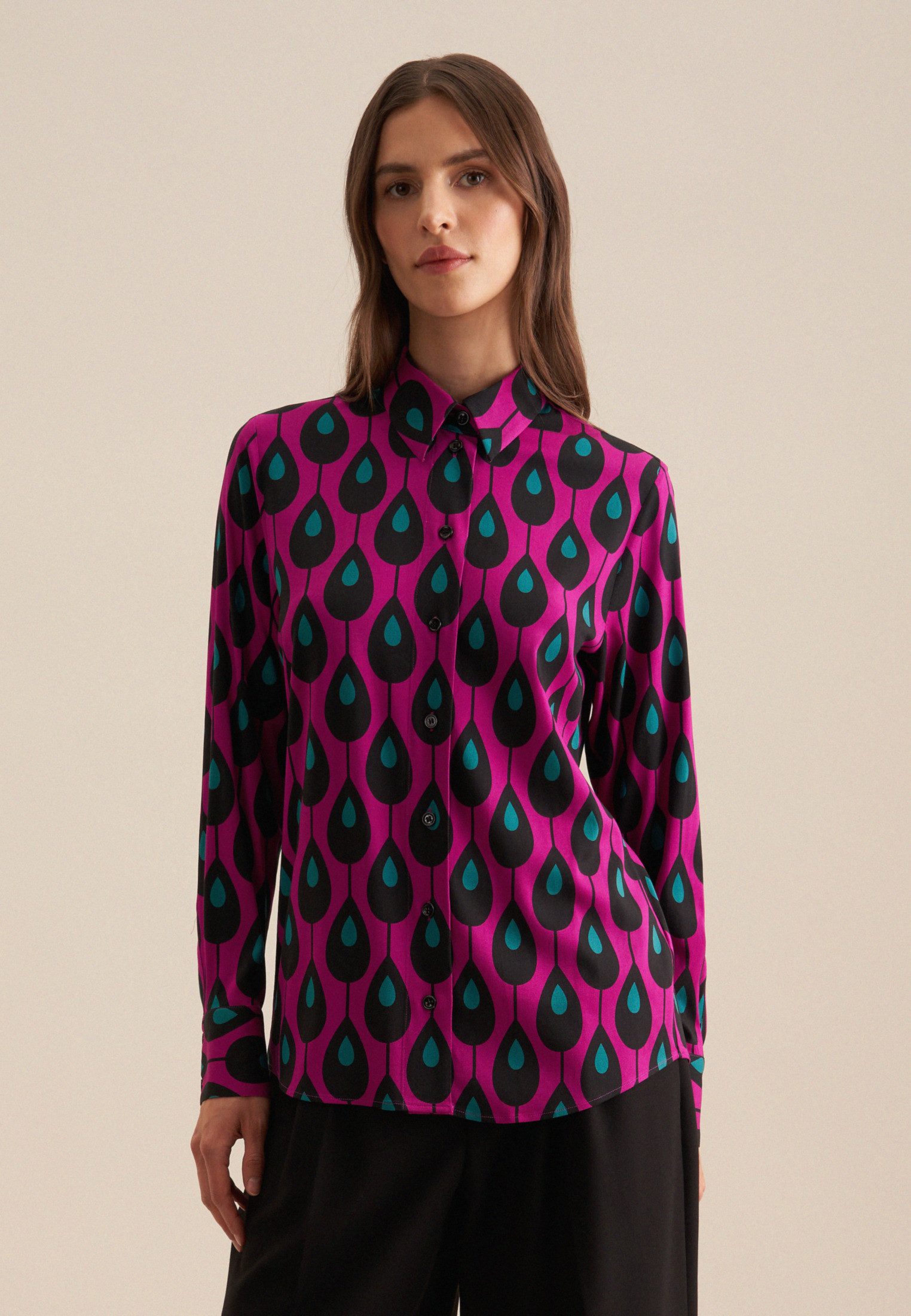 seidensticker Overhemdblouse Zwarte roos Lange mouwen kraag print dames lange blouses maat S (36) roze