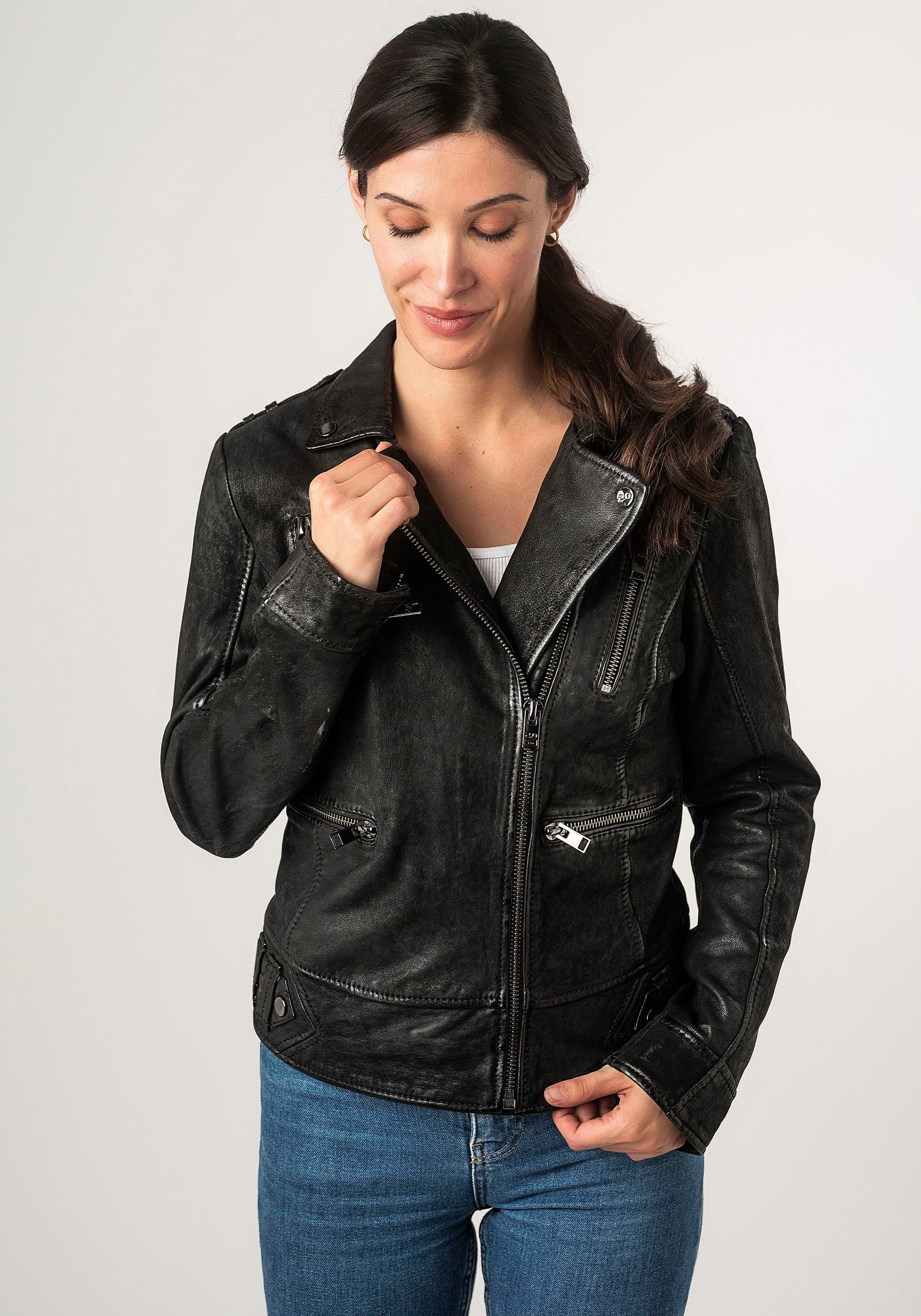 OTTO Mauritius Leren jack 2Wtashi met schouderflappen, met studs, met ritszakken dames imitatieleren jassen maat XS zwart