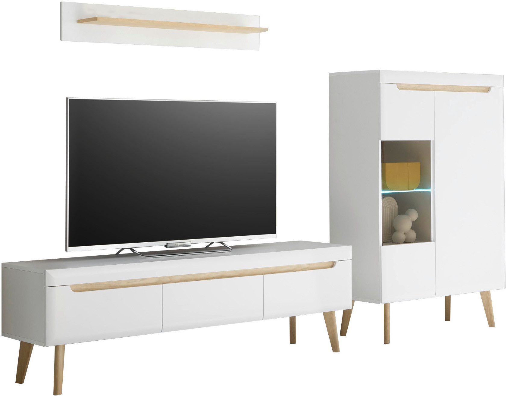 INOSIGN Wandmeubel Torge, wandmeubel, kastwand, mediawand, woonkamer-set bevat 1 vitrine, 1 lowboard + 1 wandplank, 270 cm breed (set, 3-delig)