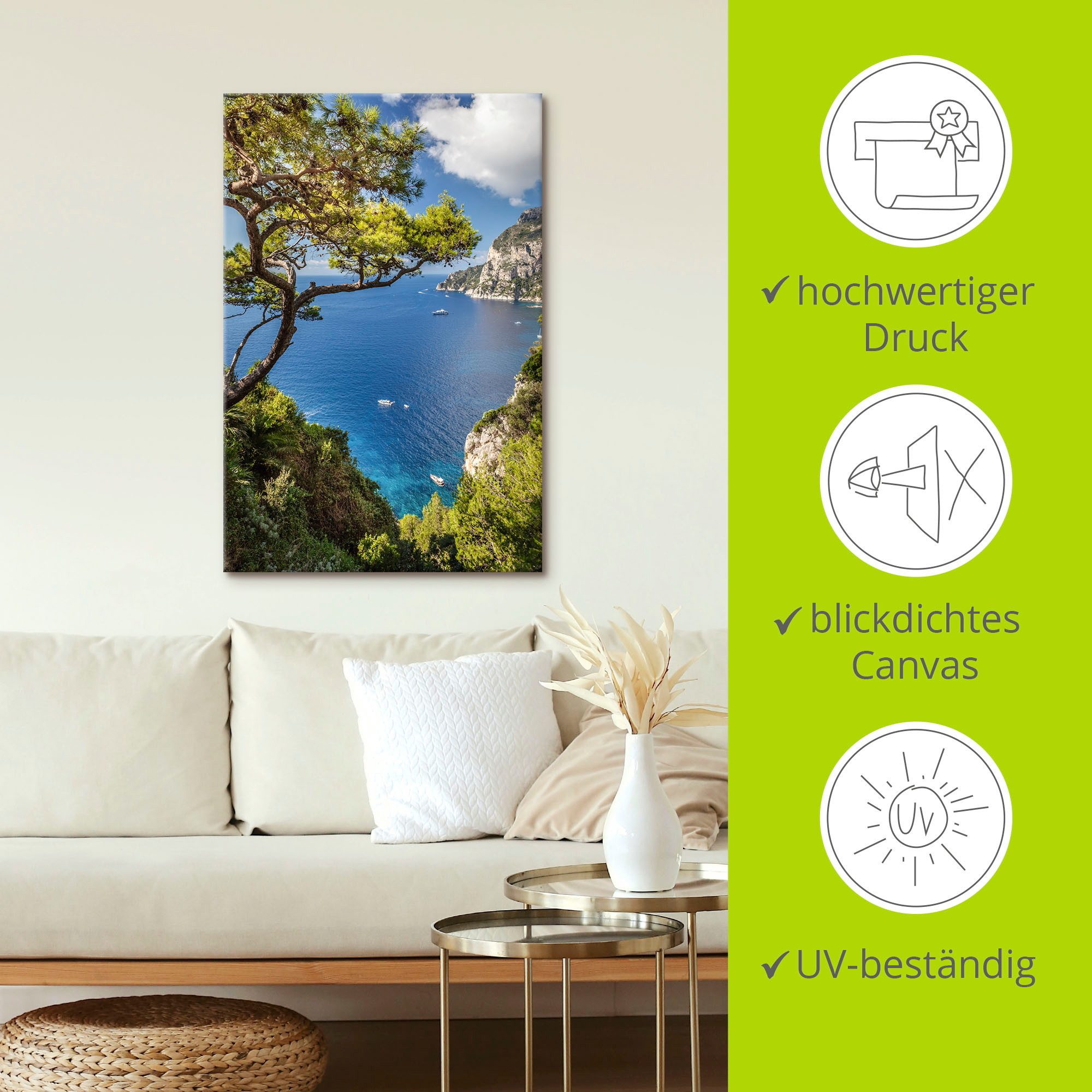 Artland Artprint Punta de Masullo, eiland capri, Italië als artprint van aluminium, artprint voor buiten, artprint op linnen, poster, muursticker