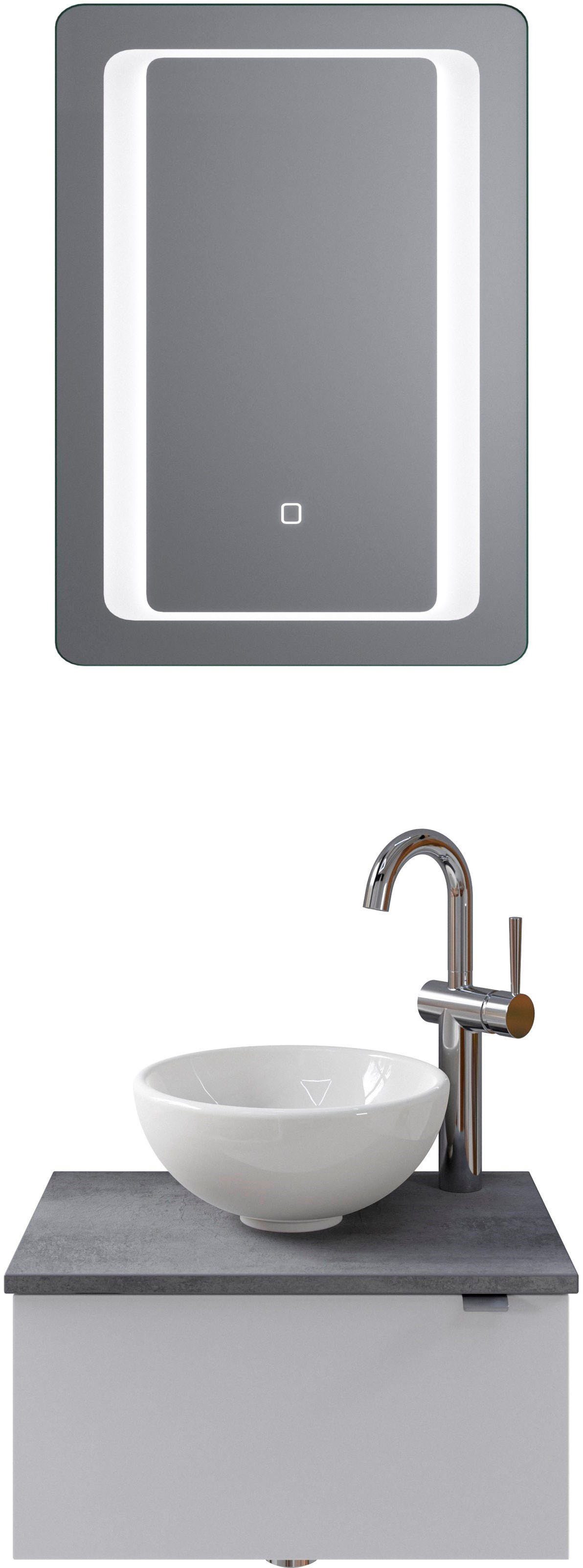 Saphir Badkamerserie Serie 6915 Gastenbadkamer, 51 cm breed, met led-spiegel en 1 deur (4-delig) badmeubelsets wit