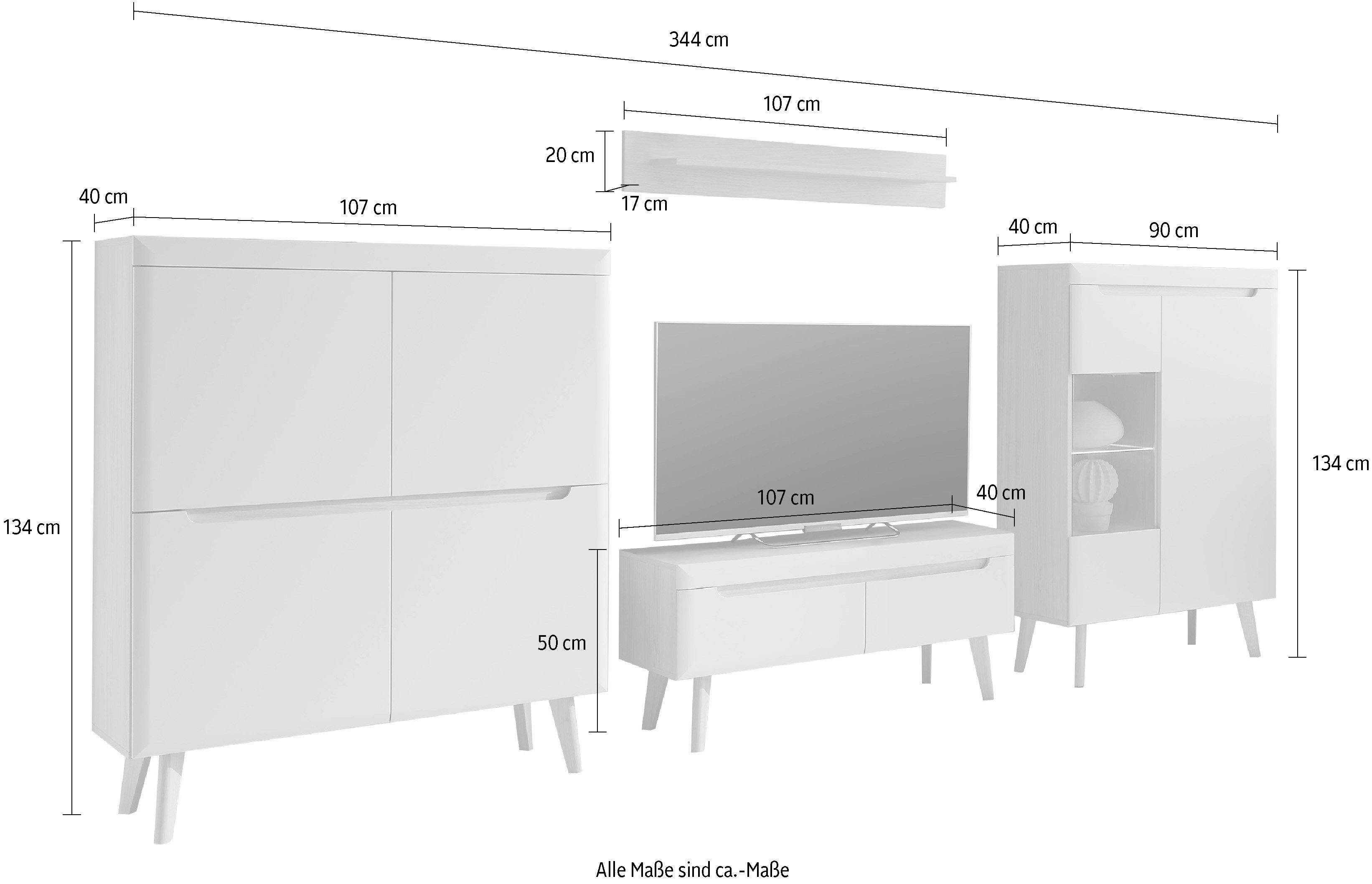 INOSIGN Wandmeubel Torge, wandmeubel, kastwand, mediawand, woonkamer-set bevat 1 vitrine, 1 lowboard, 1 highboard + 1 wandplank, 344 cm breed (set, 4-delig)