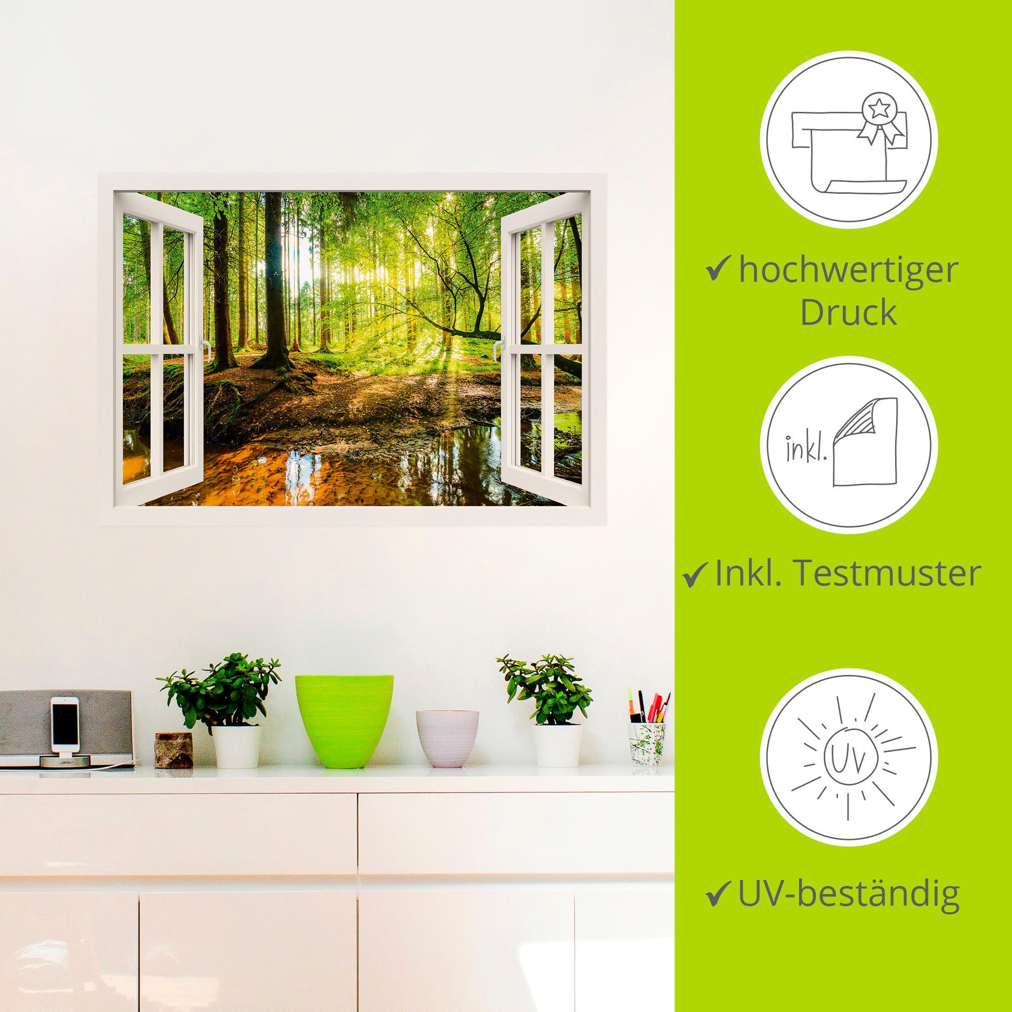 Artland Artprint Blik uit het venster - bos met beek als artprint op linnen, poster, muursticker in verschillende maten