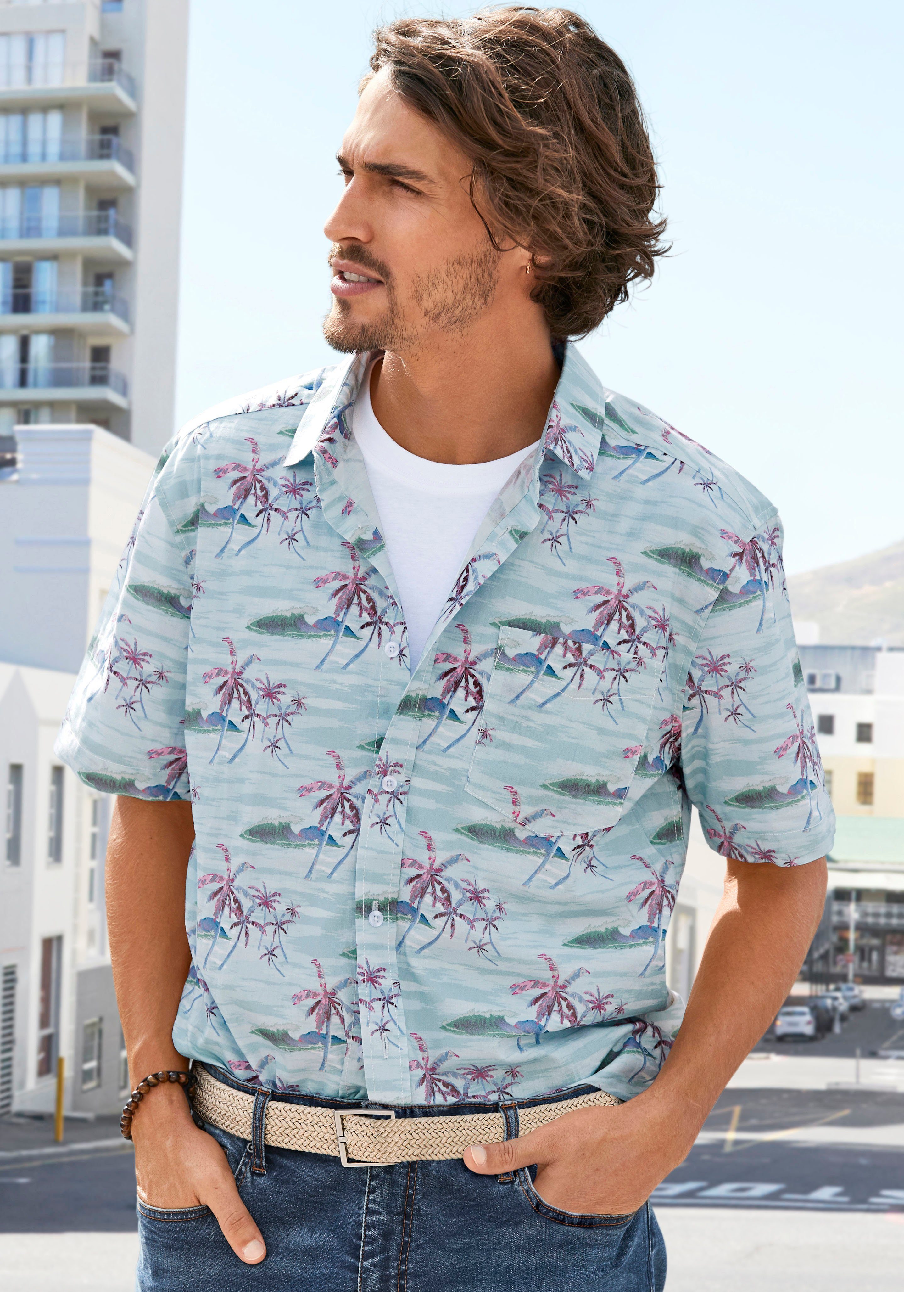 Beachtime Hawaï-overhemd Regular fit korte mouw, vrijetijdshemd met palmprint, puur katoen