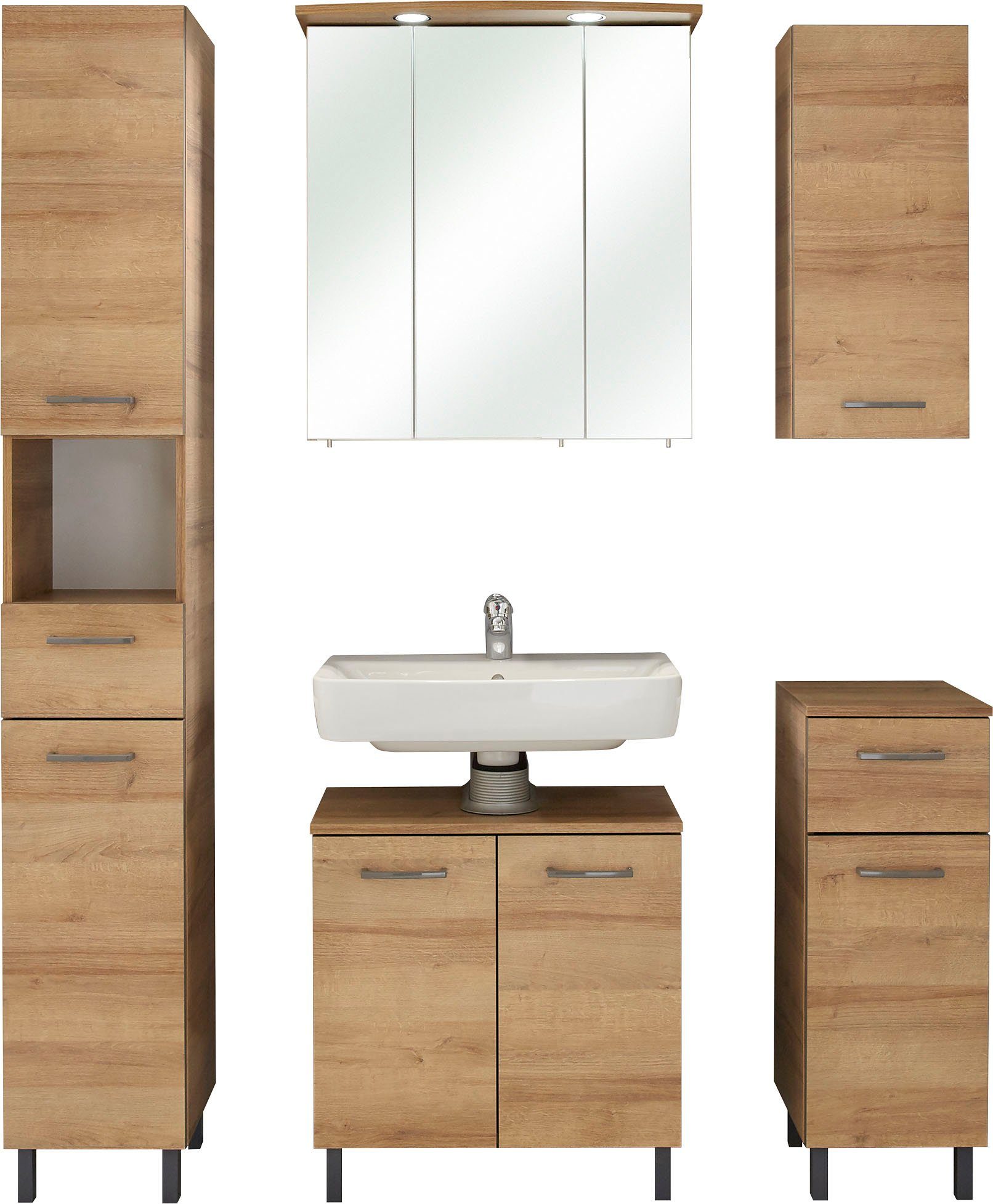Saphir Badkamerserie Quickset 919 5-delig, wastafelonderkast met LED-spiegelkast Hoge kast, onderkast, hangend kastje, 9 deuren, inclusief deurdemper (5-delig)
