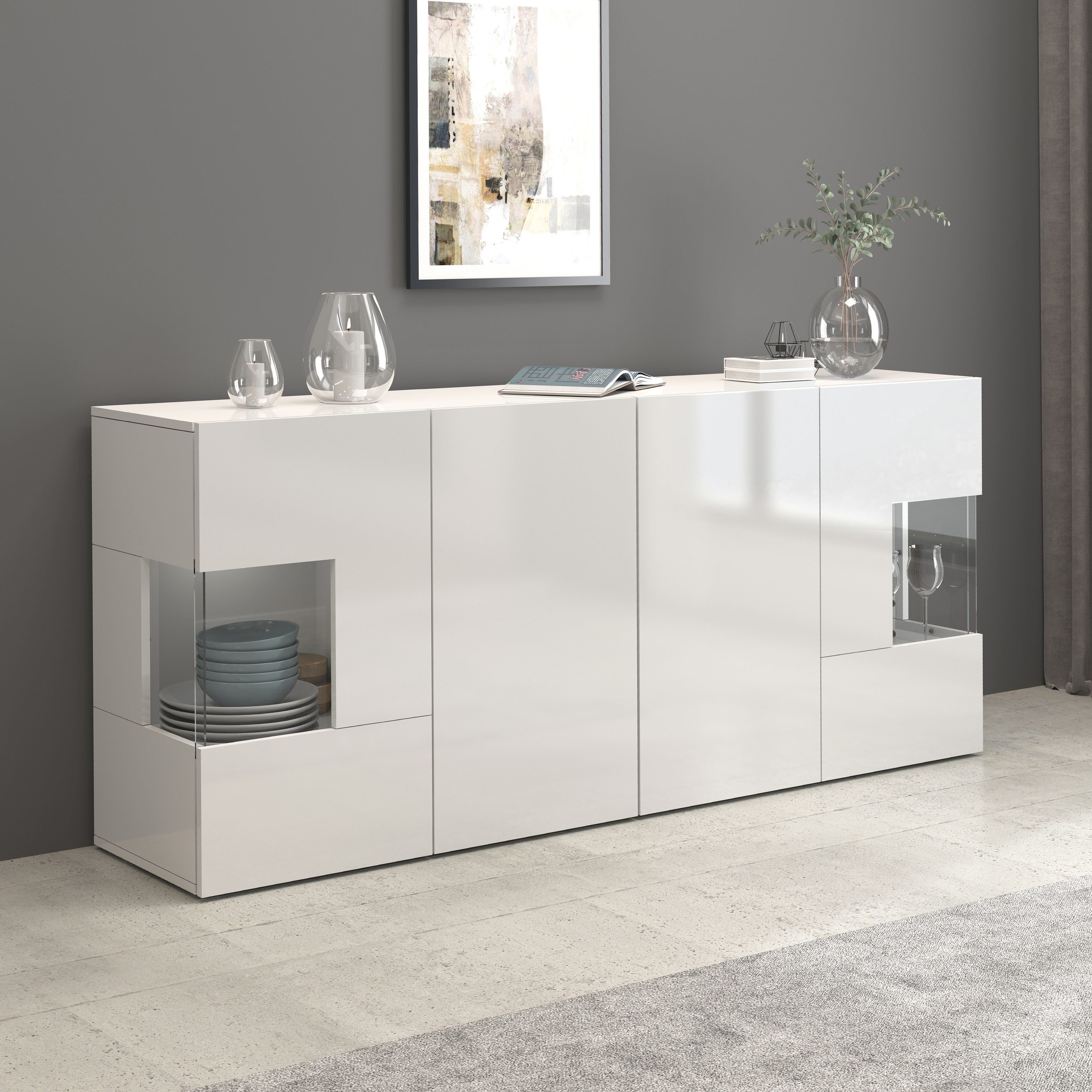INOSIGN Dressoir Egypte, Ladekast, Kast, Buffet, Vitrine greeploos 4 deuren waarvan 2 met glas inzet, compleet hoogglans gelakt, breedte 180