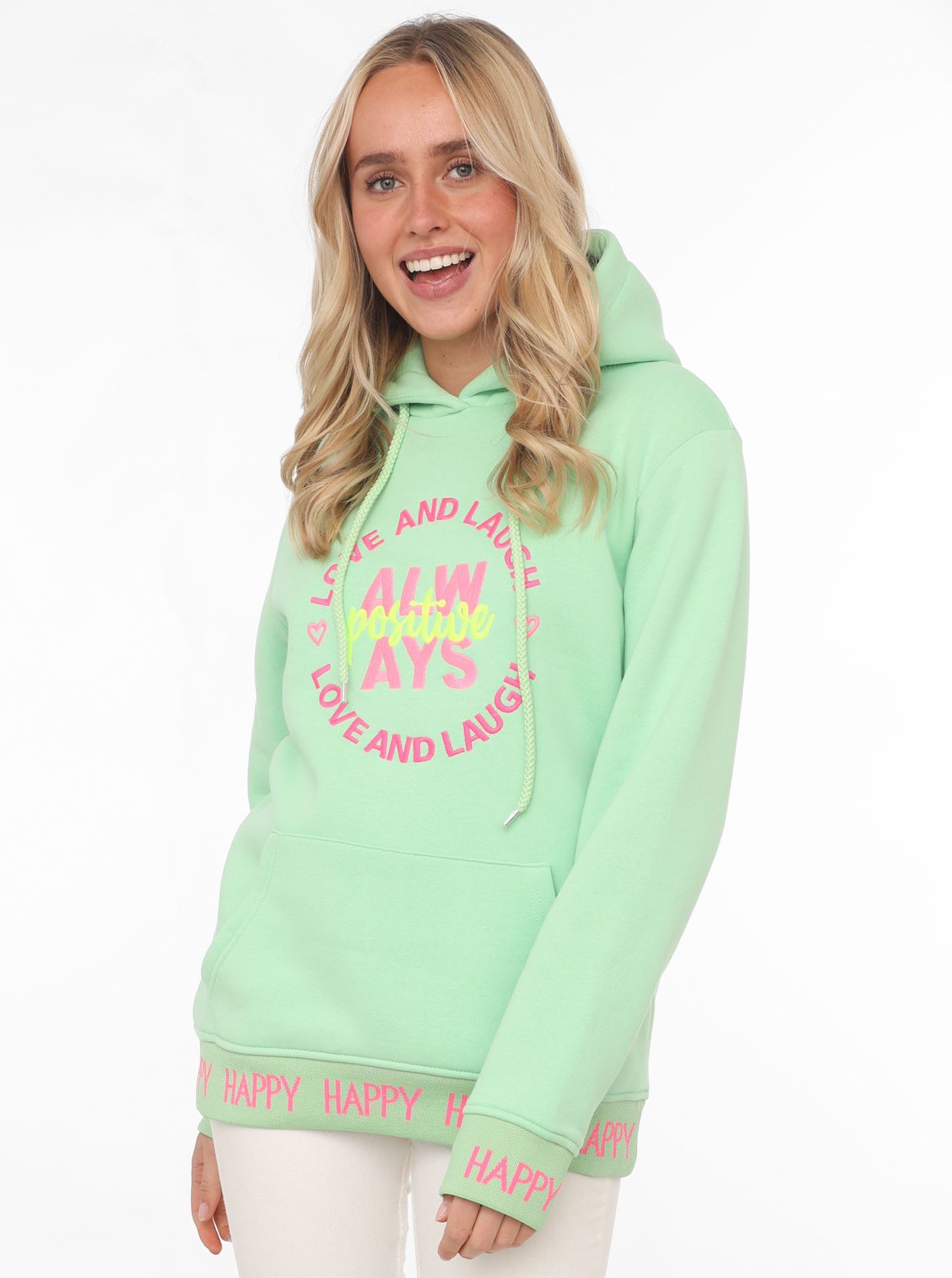 Zwillingsherz Sweatshirt Always positive met capuchon en neonkleurige borduursel