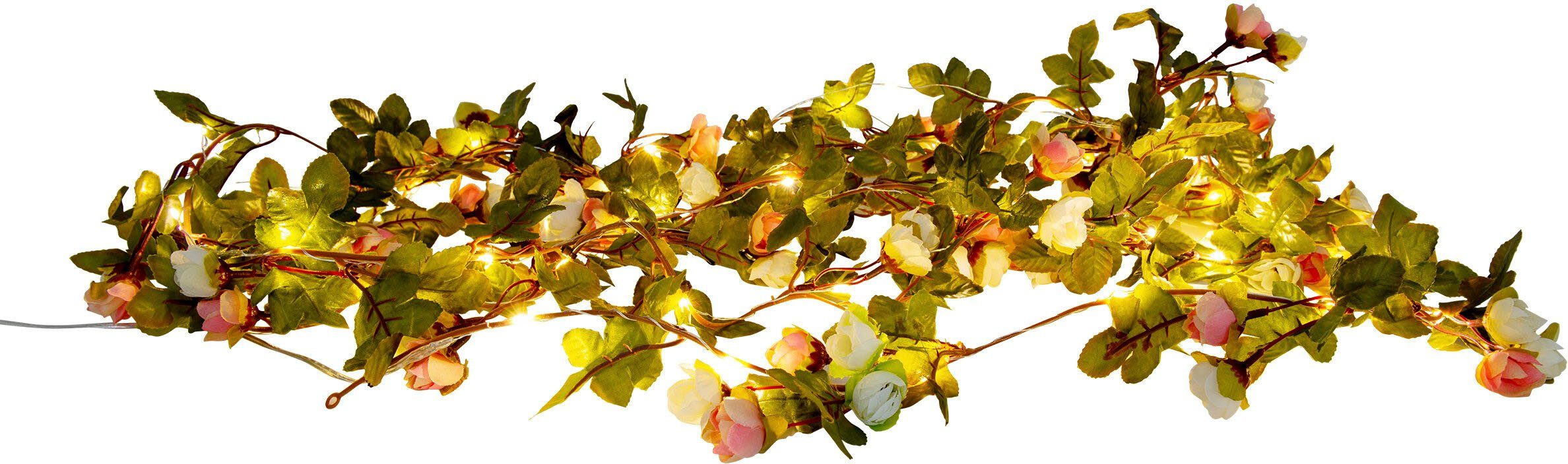 näve Led-lichtsnoer Roosjes witte en roze rozenbloemen, warmwitte led, lengte 420 cm, aansluitkabel 5 m (1 stuk)
