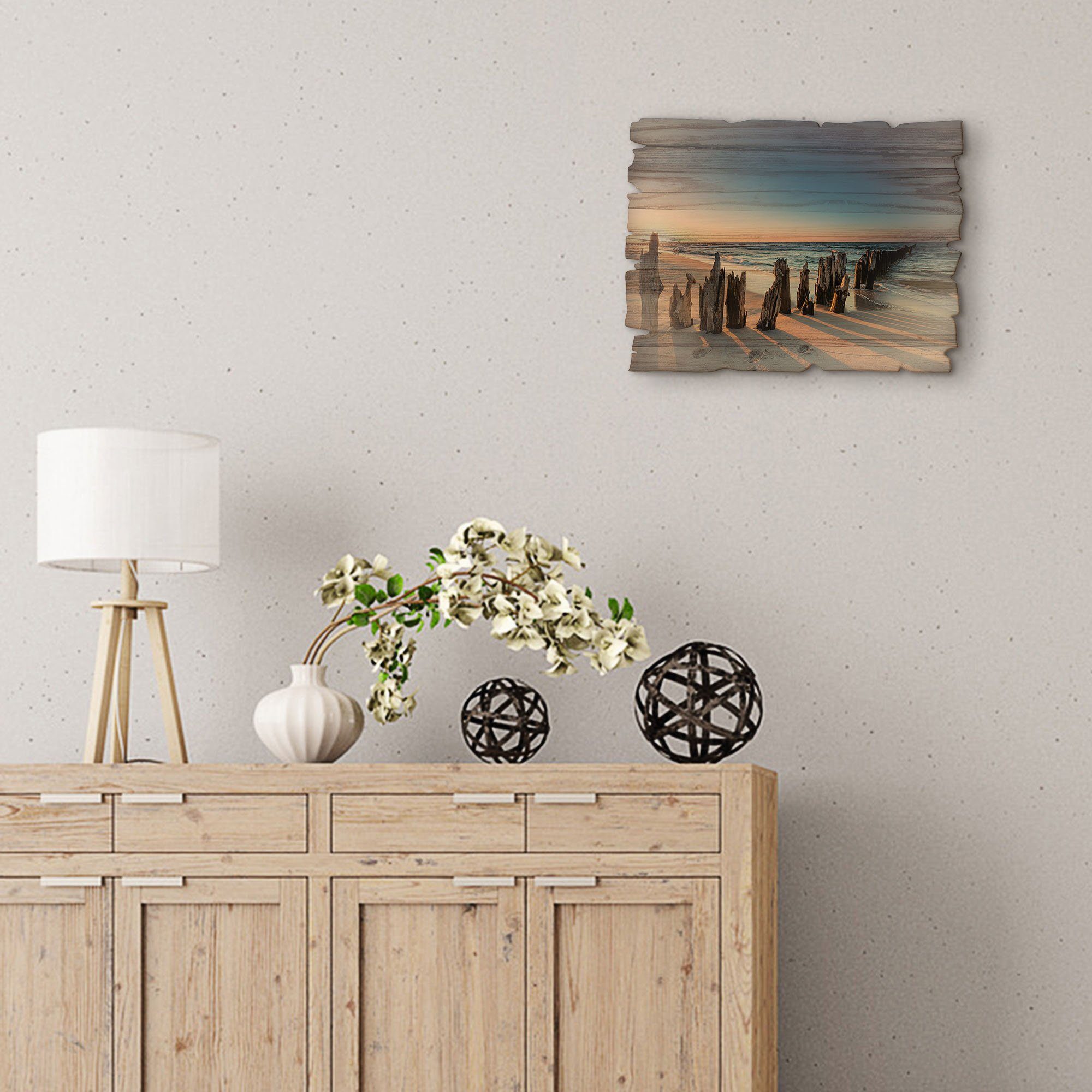 Artland Artprint op hout Zonsondergang strand golfbreker