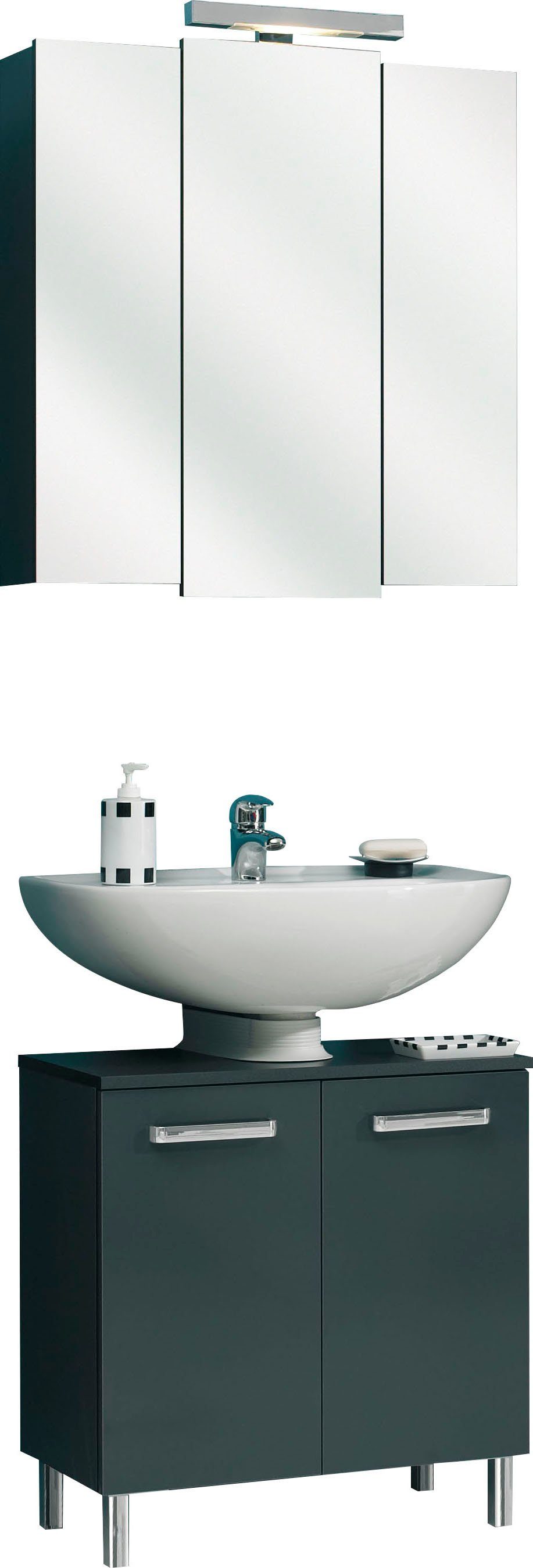 Saphir Badkamerserie Quickset 2-delig, wastafelonderkast met led-spiegelkast Wastafel 68 cm breed, 5 deuren, incl. deurdemper, grepen chroom glans (2-delig)