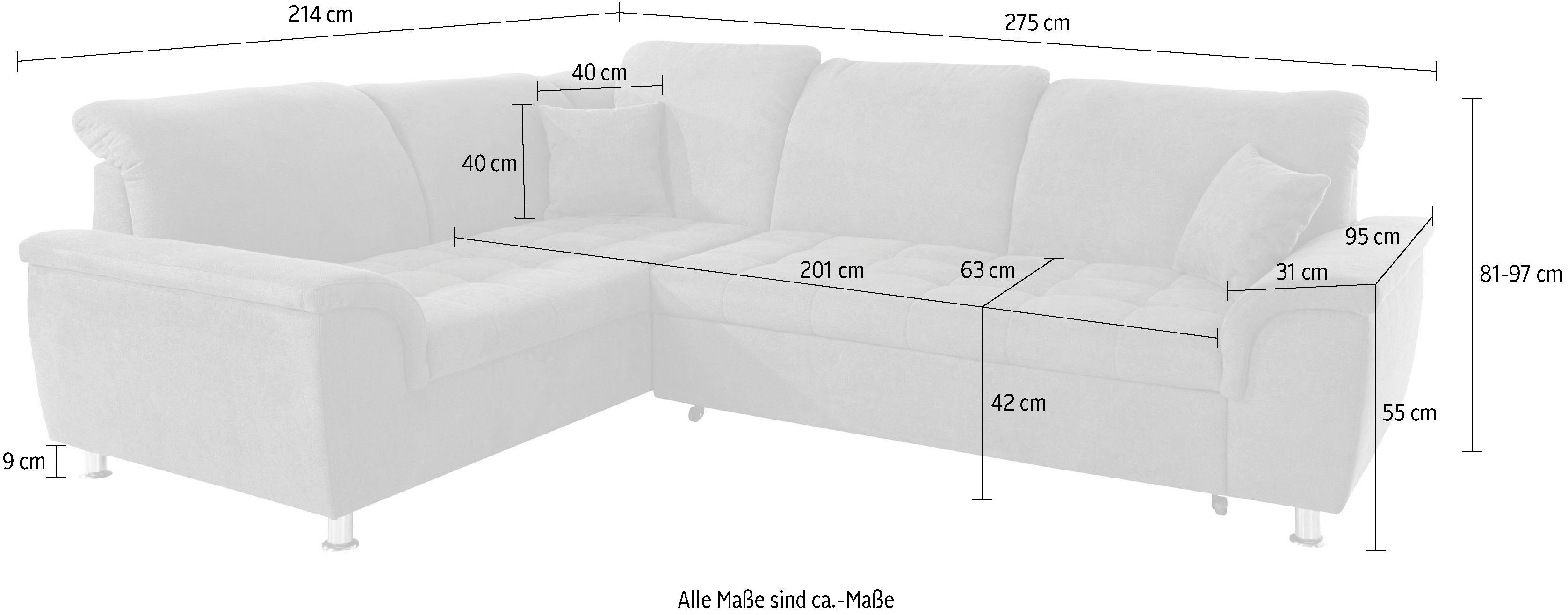 DOMO collection Hoekbank Franzi L-vorm naar keuze met verstelbare hoofdsteun (dan breedte: 275 cm)