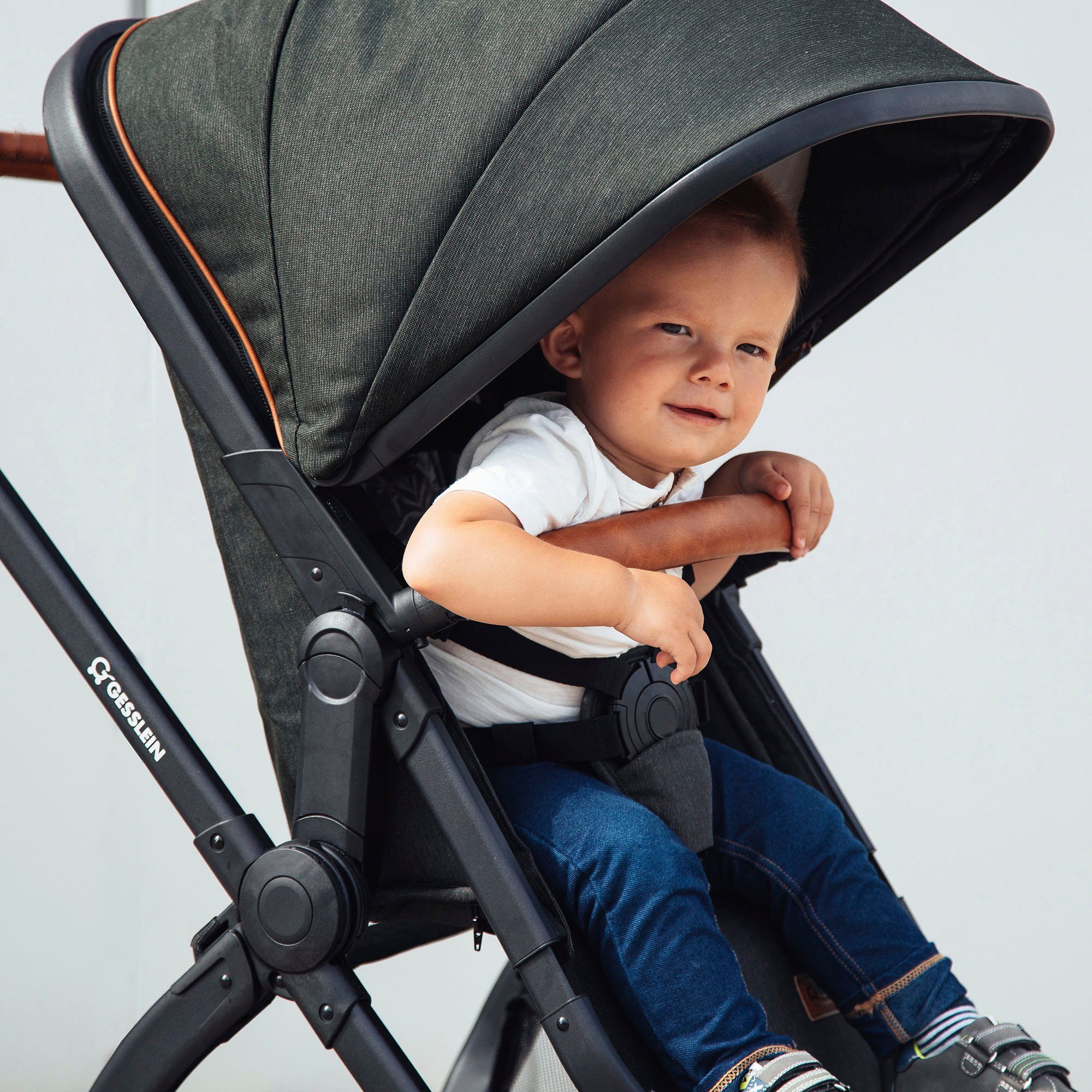 Gesslein Combi-kinderwagen FX4 Soft+ met opzetstuk Life, zwart/cognac, donker olijf