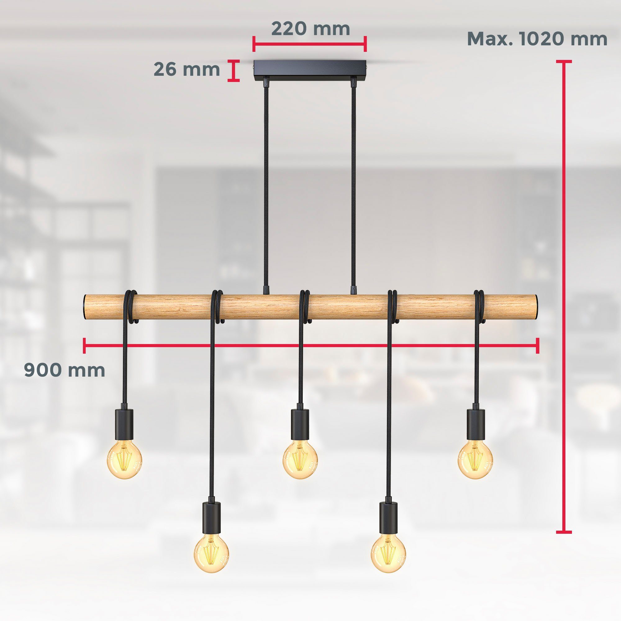 B.K.Licht Hanglamp BK_PL1339 Houten eettafel hanglamp, mat zwart 5-vlamig, e27-fitting, zonder lichtbron (max. 60w), l: 90 cm (1 stuk)