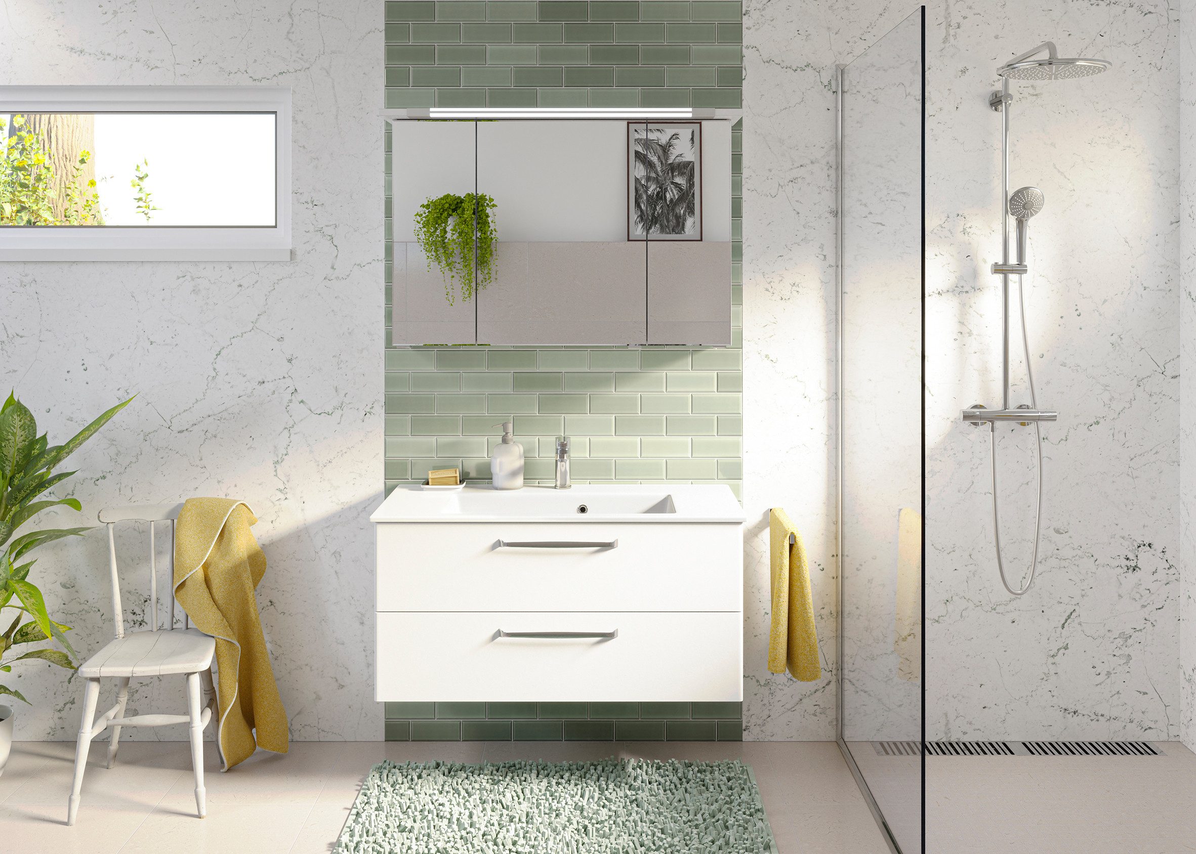 Saphir Badmeubelset Trentino 2-delig mineralen marmer wasbak, spiegelkast met LED-profiel (3 stuks)