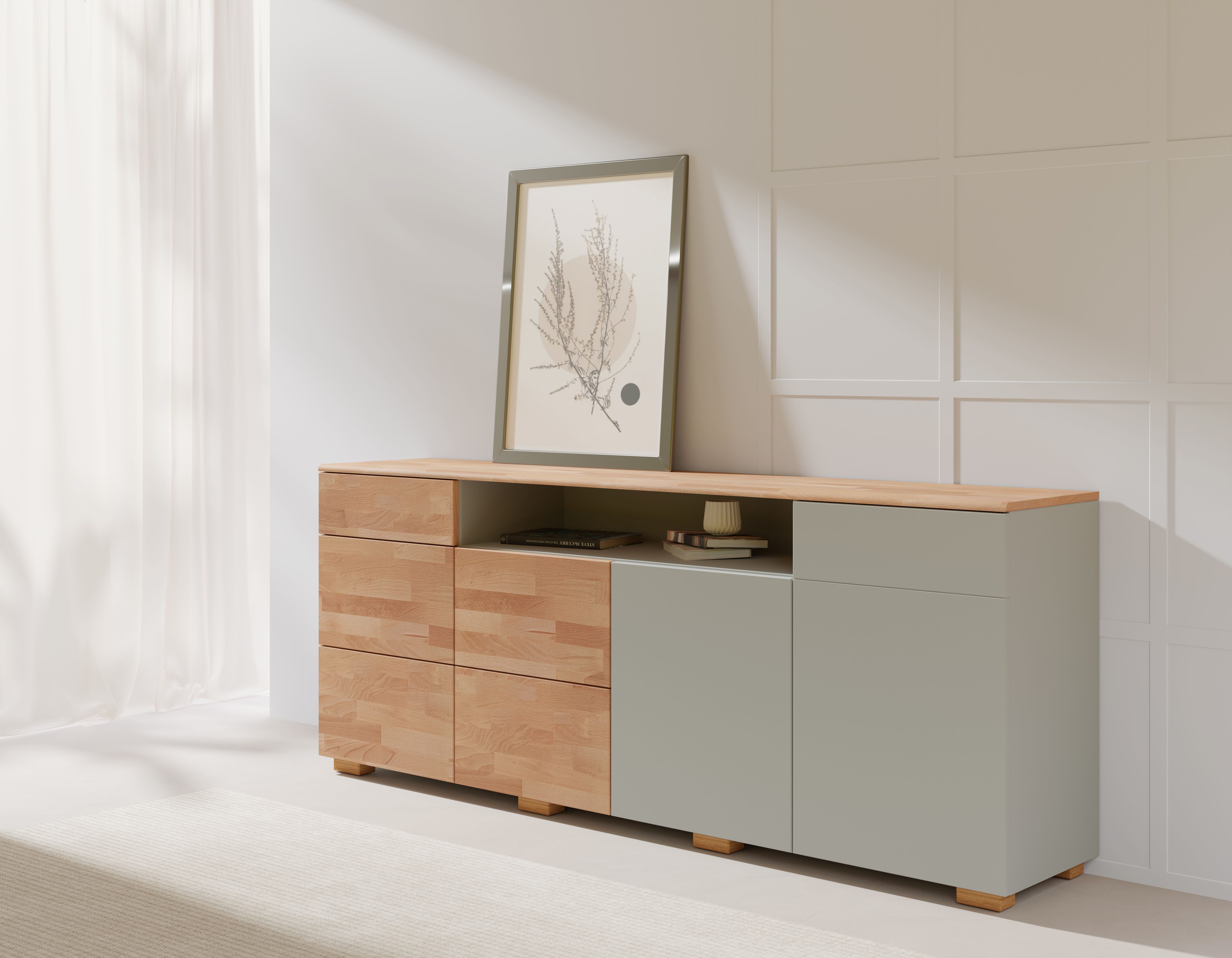 Home affaire Dressoir Citra deels massief Breedte 200cm, moderne greeploze uitstraling met push-to-open functie
