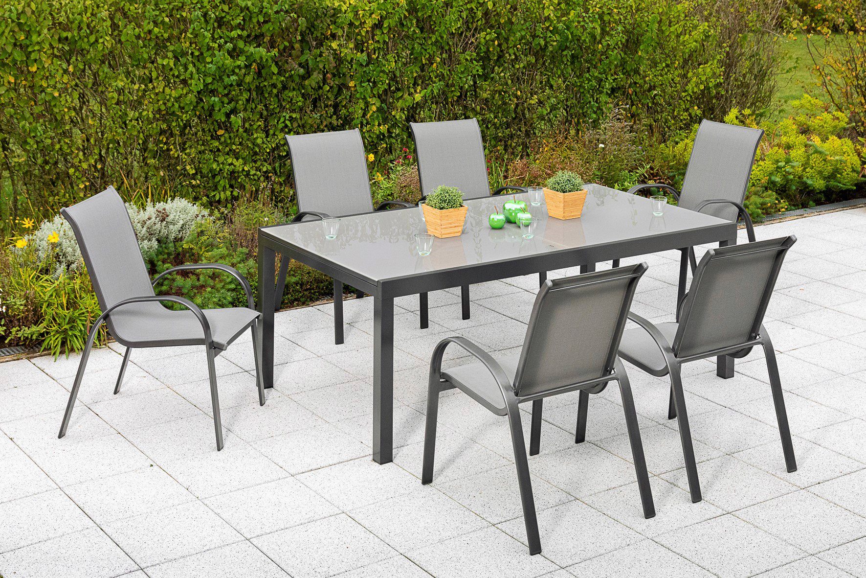 MERXX Tuin-eethoek Amalfi 6 stapelstoelen, uitschuifbare tafel 110 x 200-300 cm (set, 7-delig)
