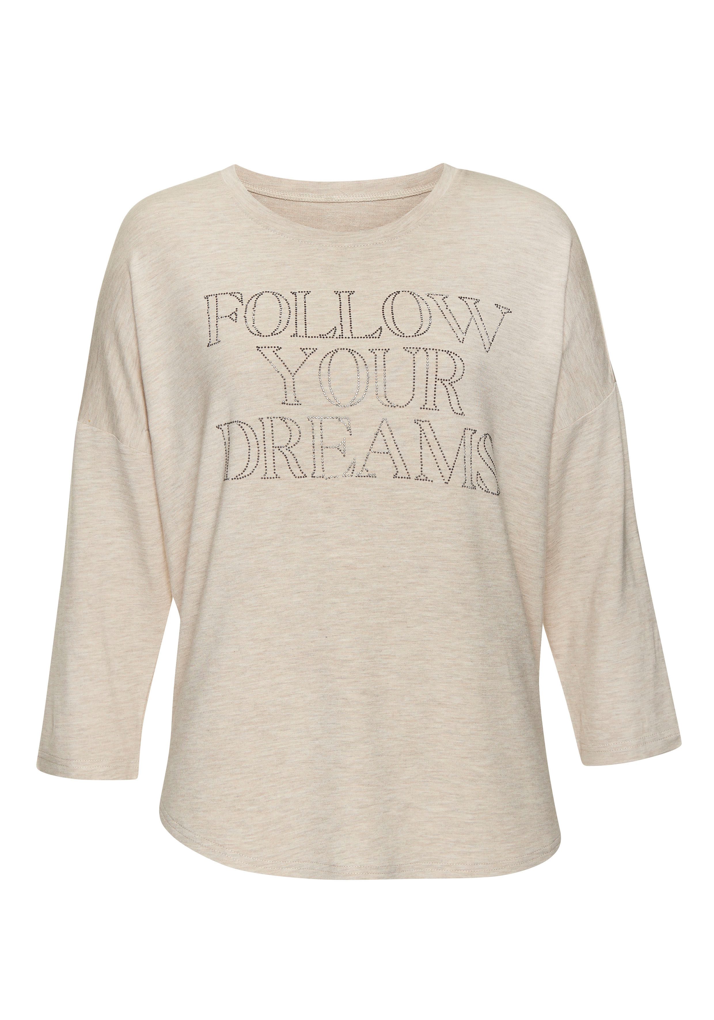 Lascana Shirt met 3/4 mouwen Met tekst van strassstenen van hoogwaardige french terry-kwaliteit van viscose