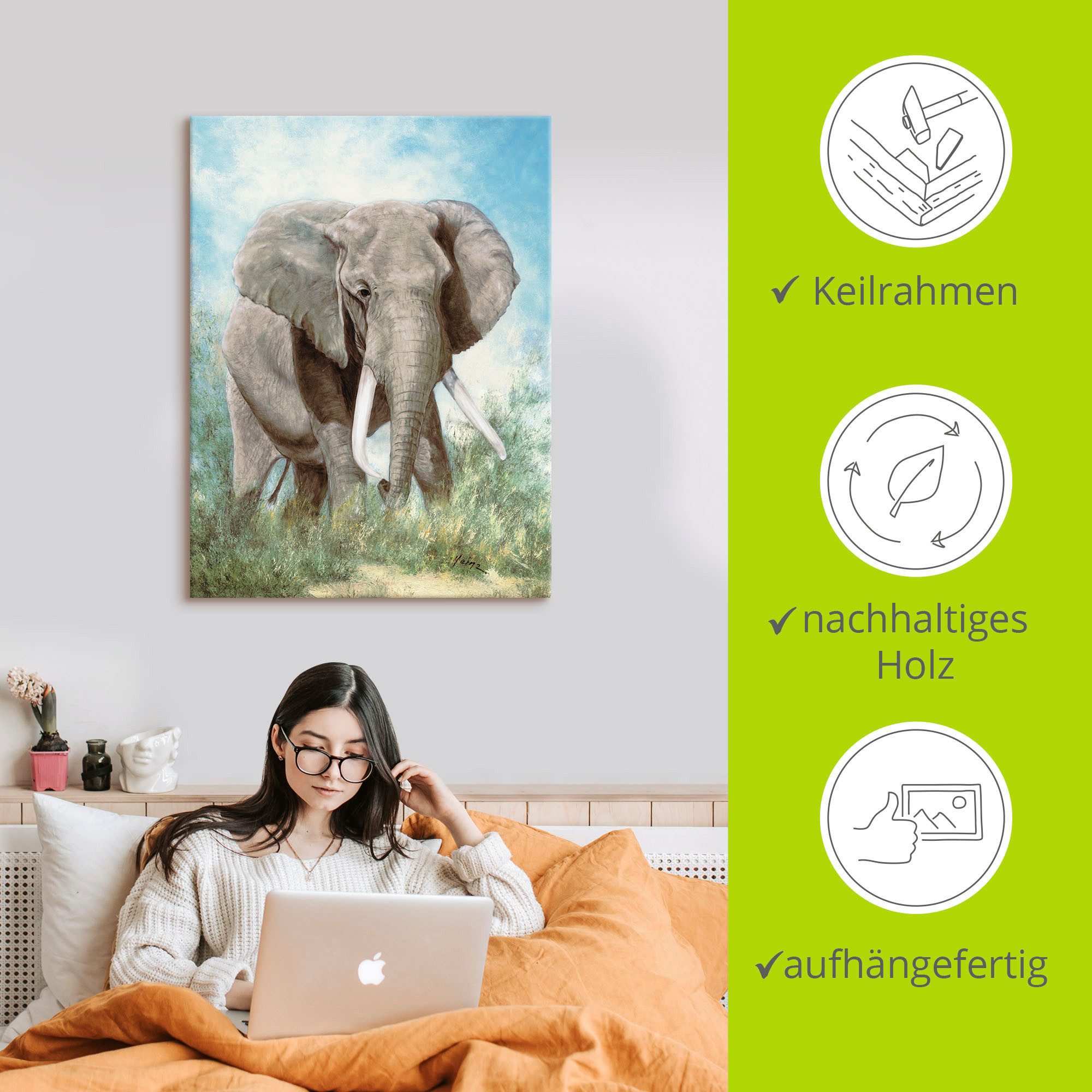 Artland Artprint op linnen Olifant gespannen op een spieraam