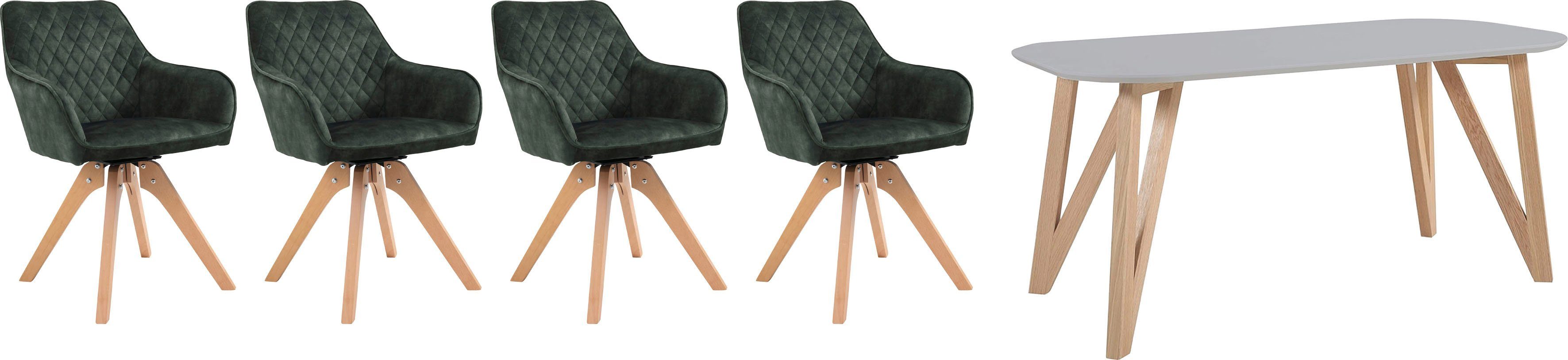 SalesFever Eethoek (5-delig), tafelbreedte 180 cm, stoelen 180° draaibaar, met fluweel eethoeken groen