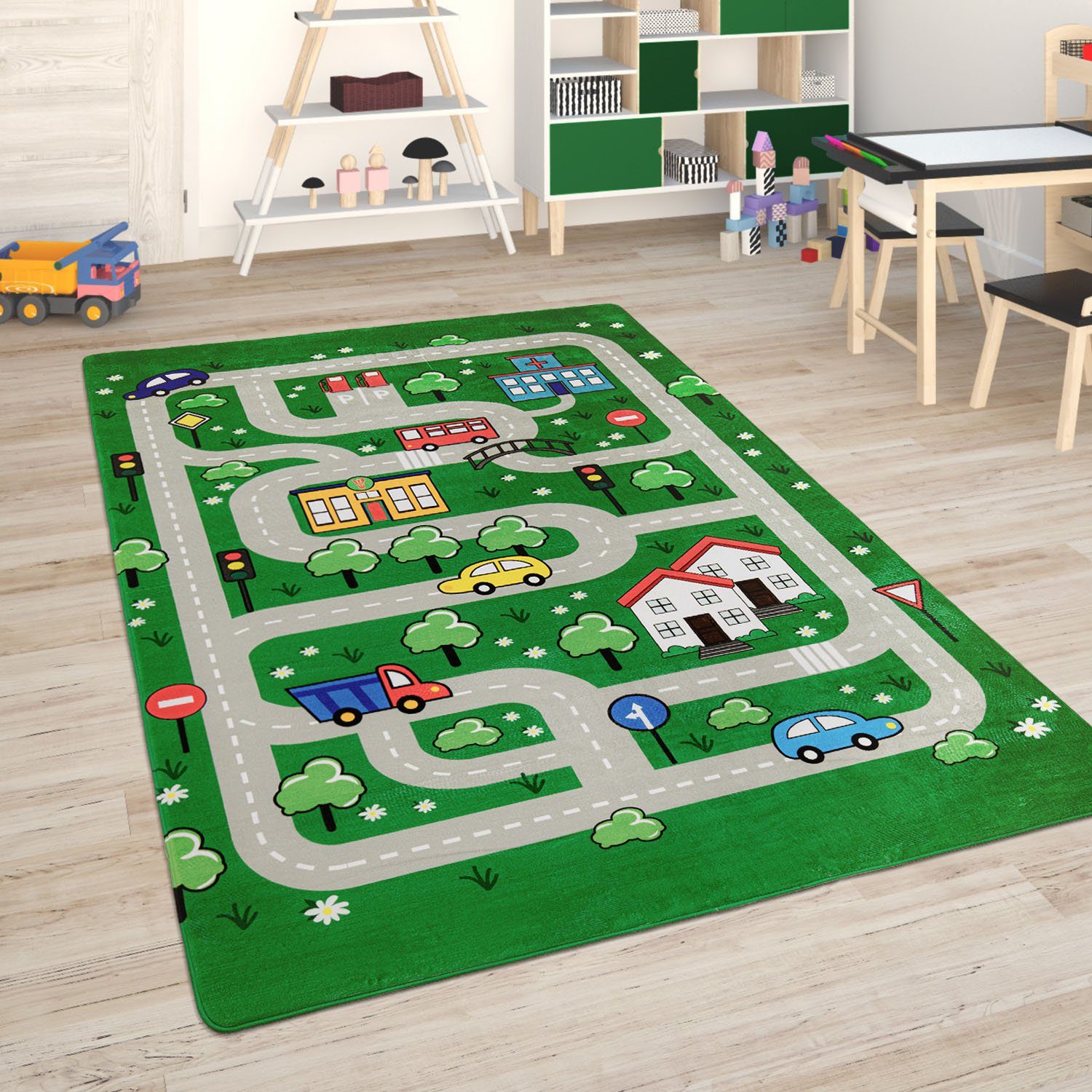 Paco Home Kindervloerkleed Chicos 559 Platweefsel, straten-speelkleed, kinderkamer speelkleden maat 155 cm x 230 cm x 2 mm groen