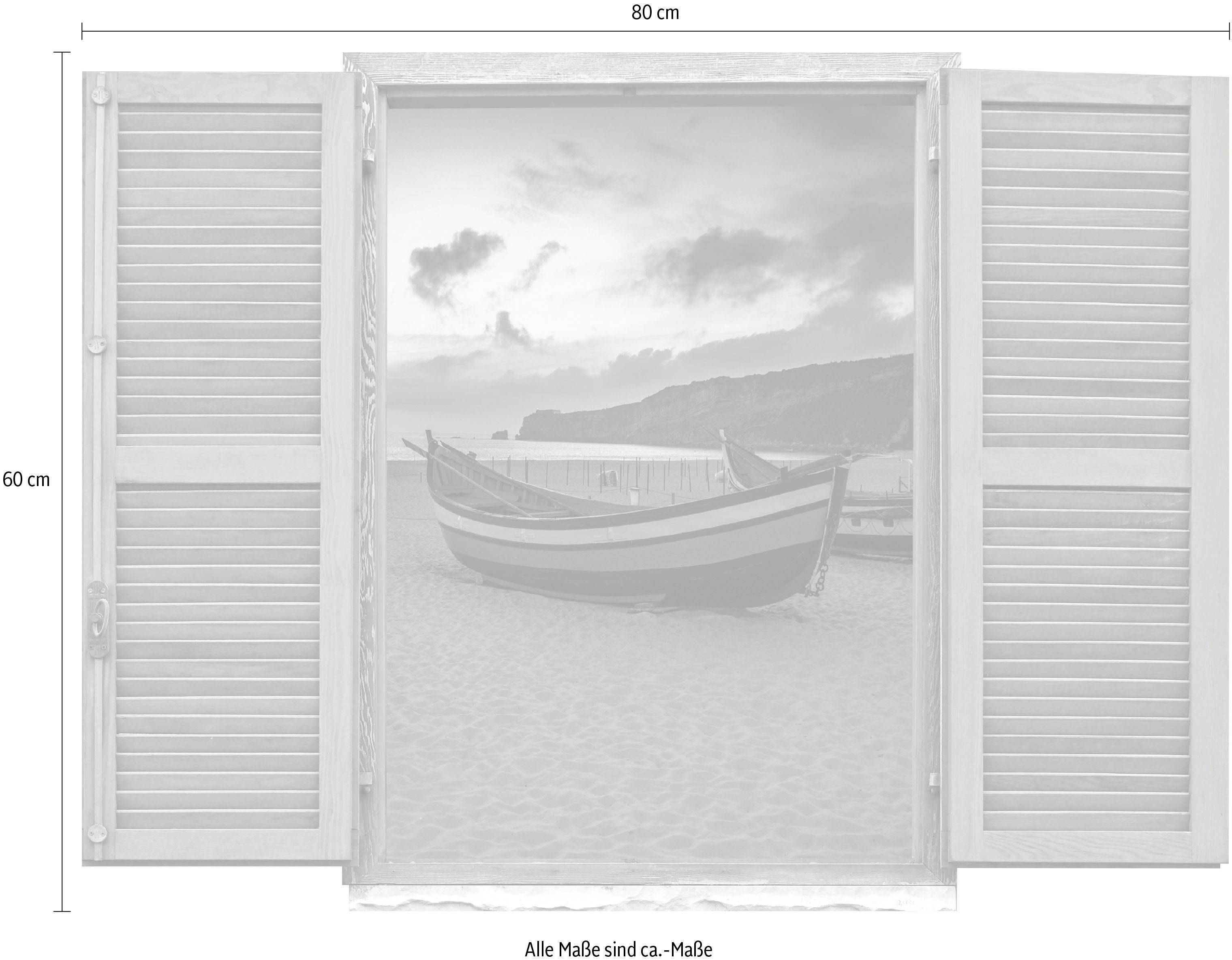 queence Wandfolie Boten aan het strand Muursticker, muurdecoratie, zelfklevend, 3D, raam (1 stuk)